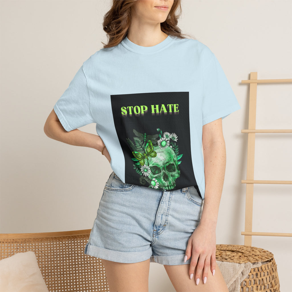 Stop Hate Skull T-Shirt — Green Floral Skull Graphic Tee