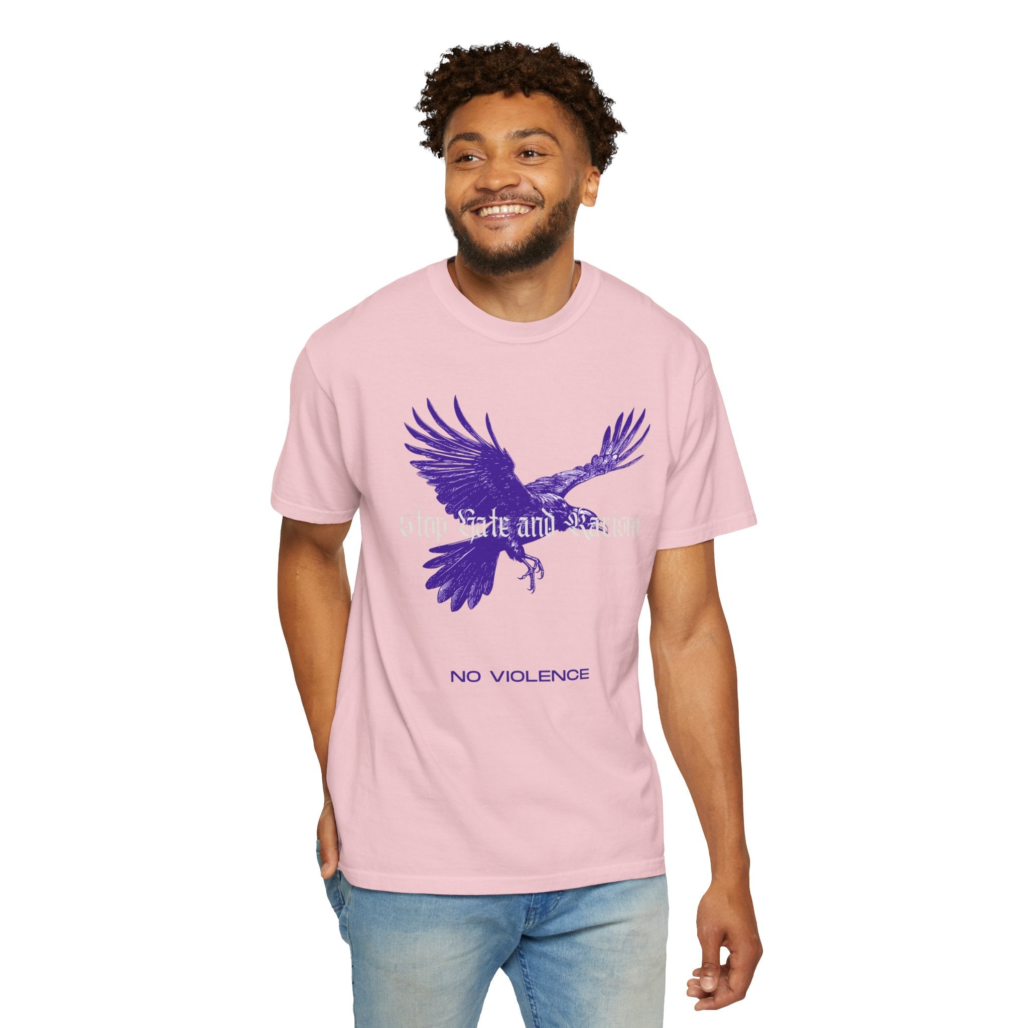 No Violence Raven T-Shirt — Purple Flying Crow Graphic Tee