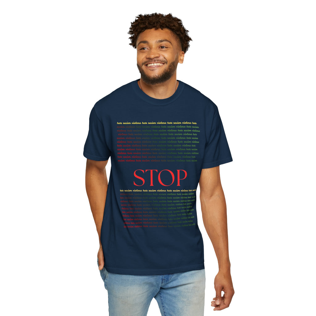 Stop Screen Tee — Black Graphic T-Shirt with Bold RED “STOP” Message