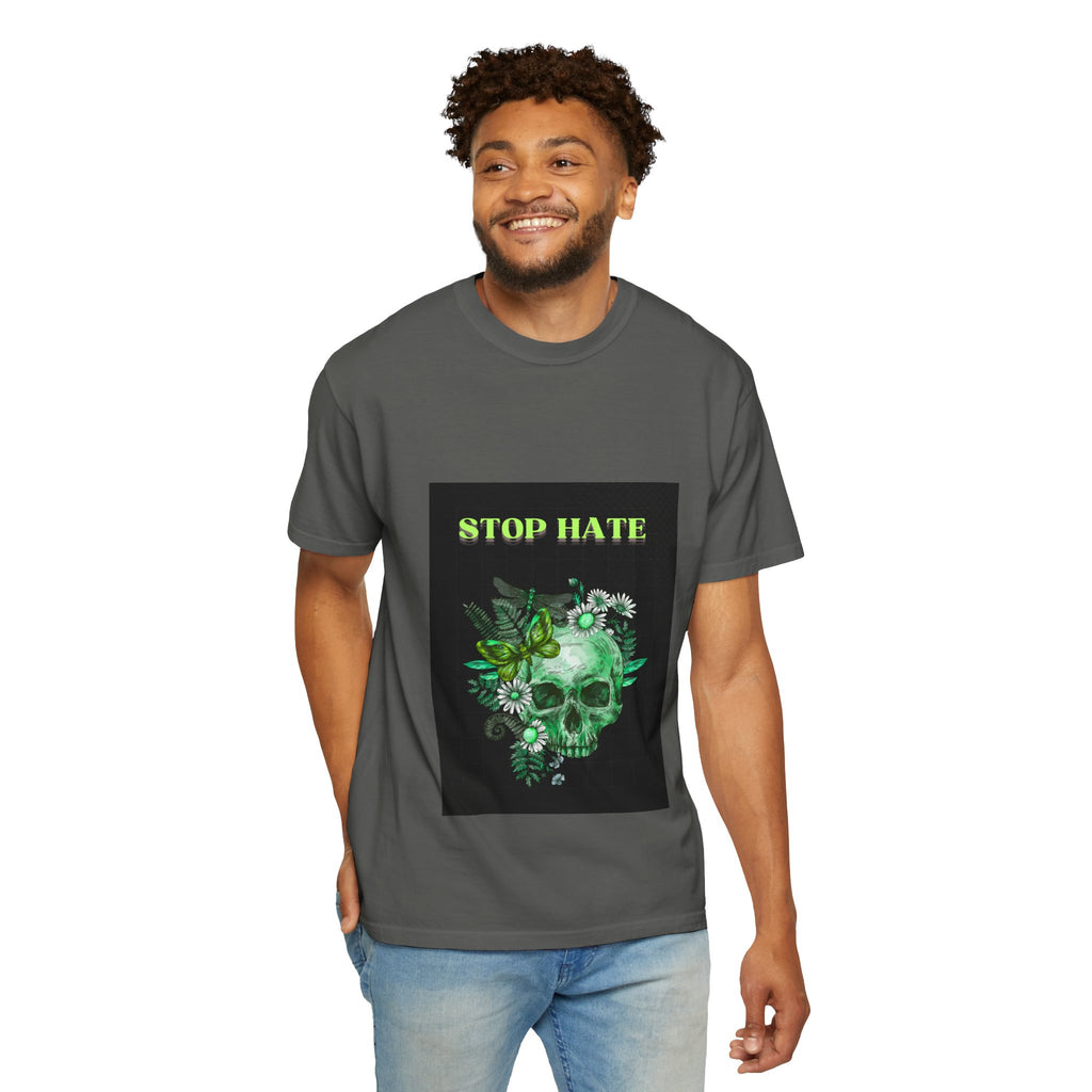 Stop Hate Skull T-Shirt — Green Floral Skull Graphic Tee