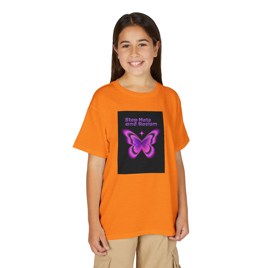 Youth T-Shirt — "Stop Hate and Racism" Pink Butterfly Anti-Racism Tee