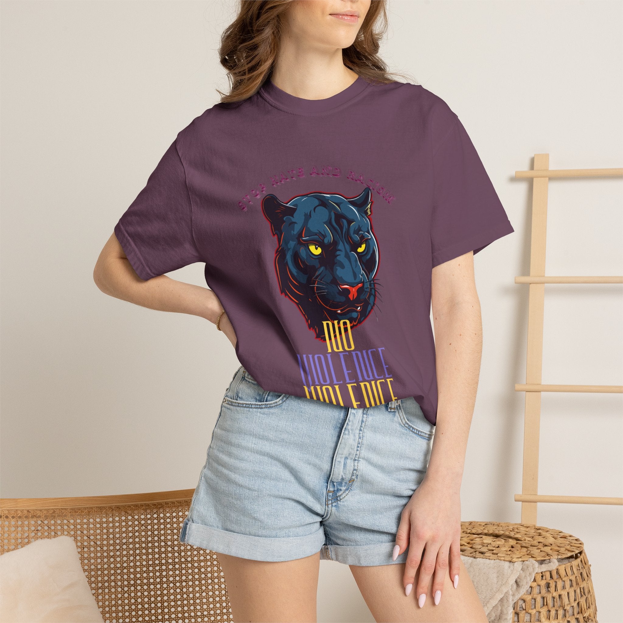No Violence Panther T-Shirt — Graphic Animal Tee with 'No Violence' Text