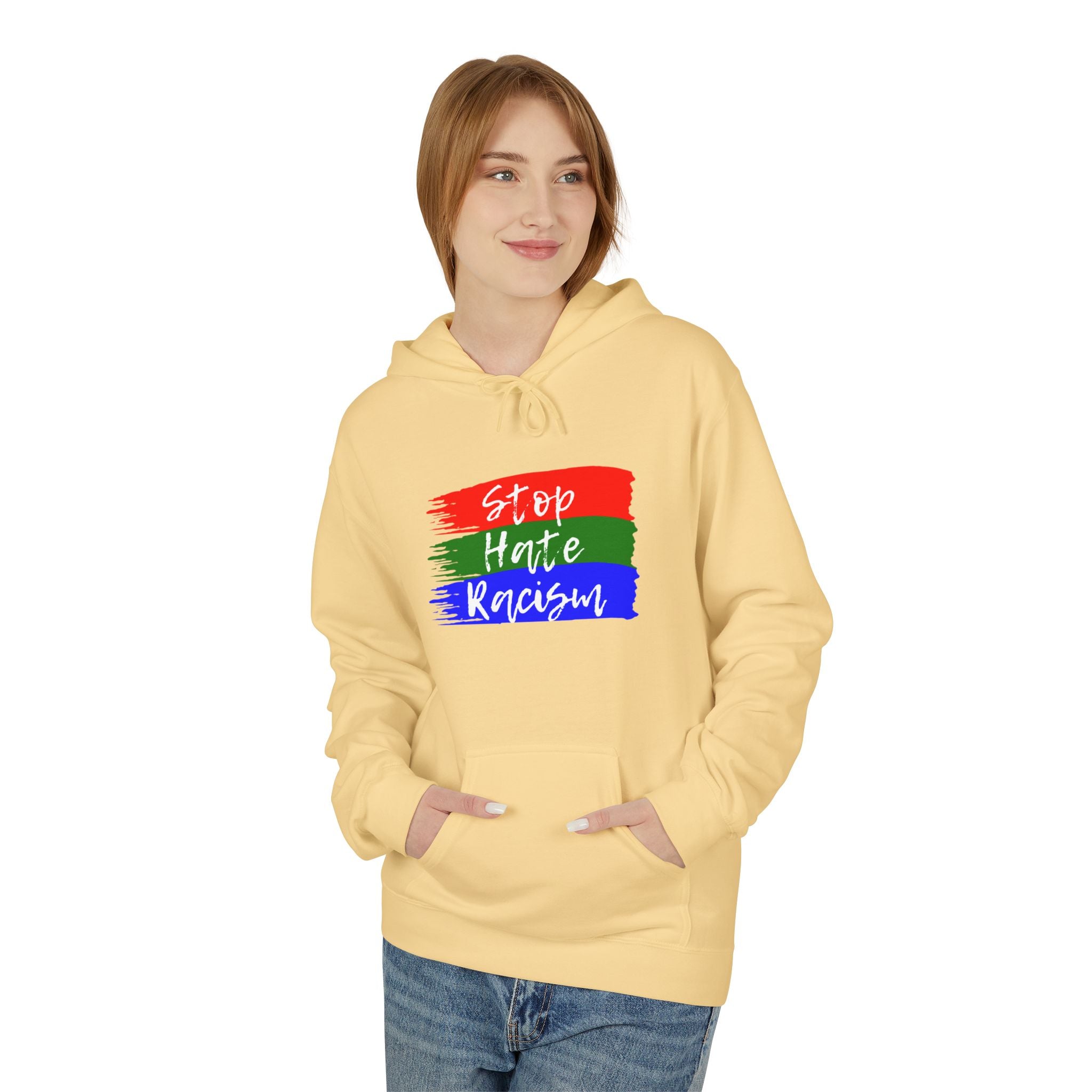 Hoodie — Stop Hate Rebuild (Red-Green-Blue Brushstroke)