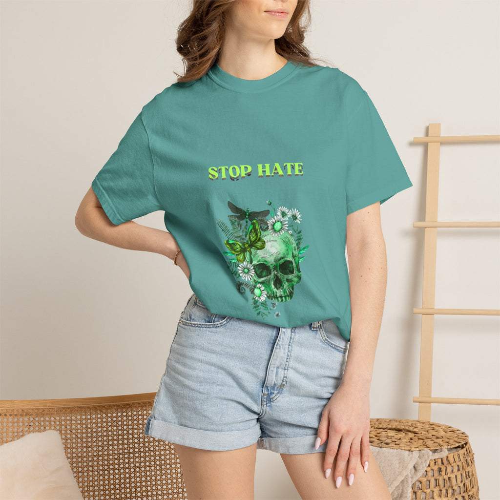 Stop Hate Skull T-Shirt — Green Floral Skull Graphic Tee