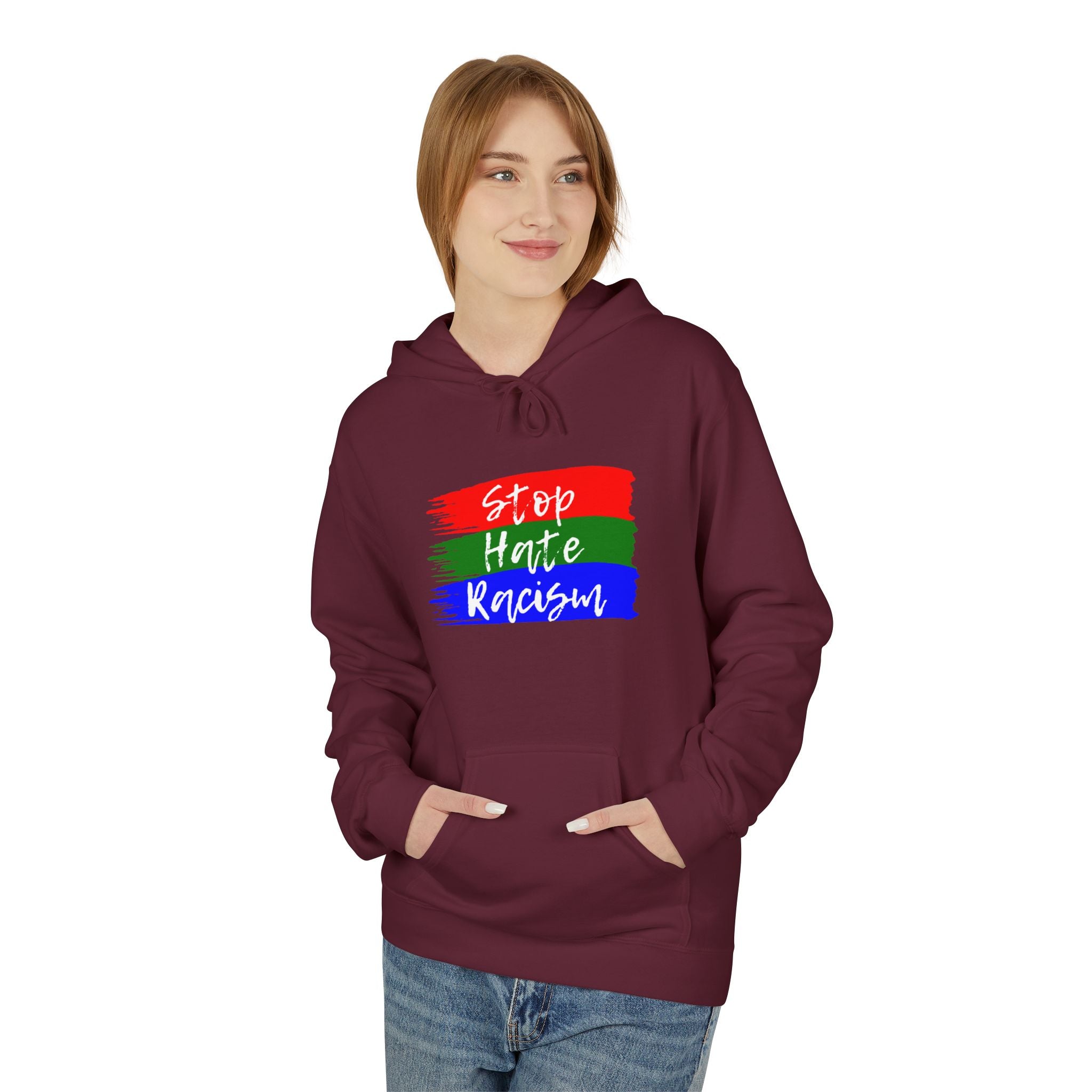 Hoodie — Stop Hate Rebuild (Red-Green-Blue Brushstroke)