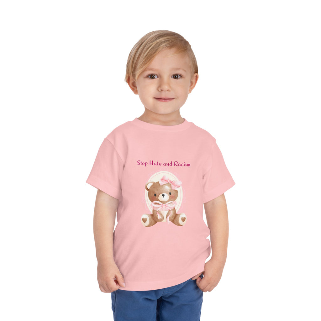 Toddler Tee – Pink Teddy "Stop Hate and Racism" Anti-Racism Kids Shirt
