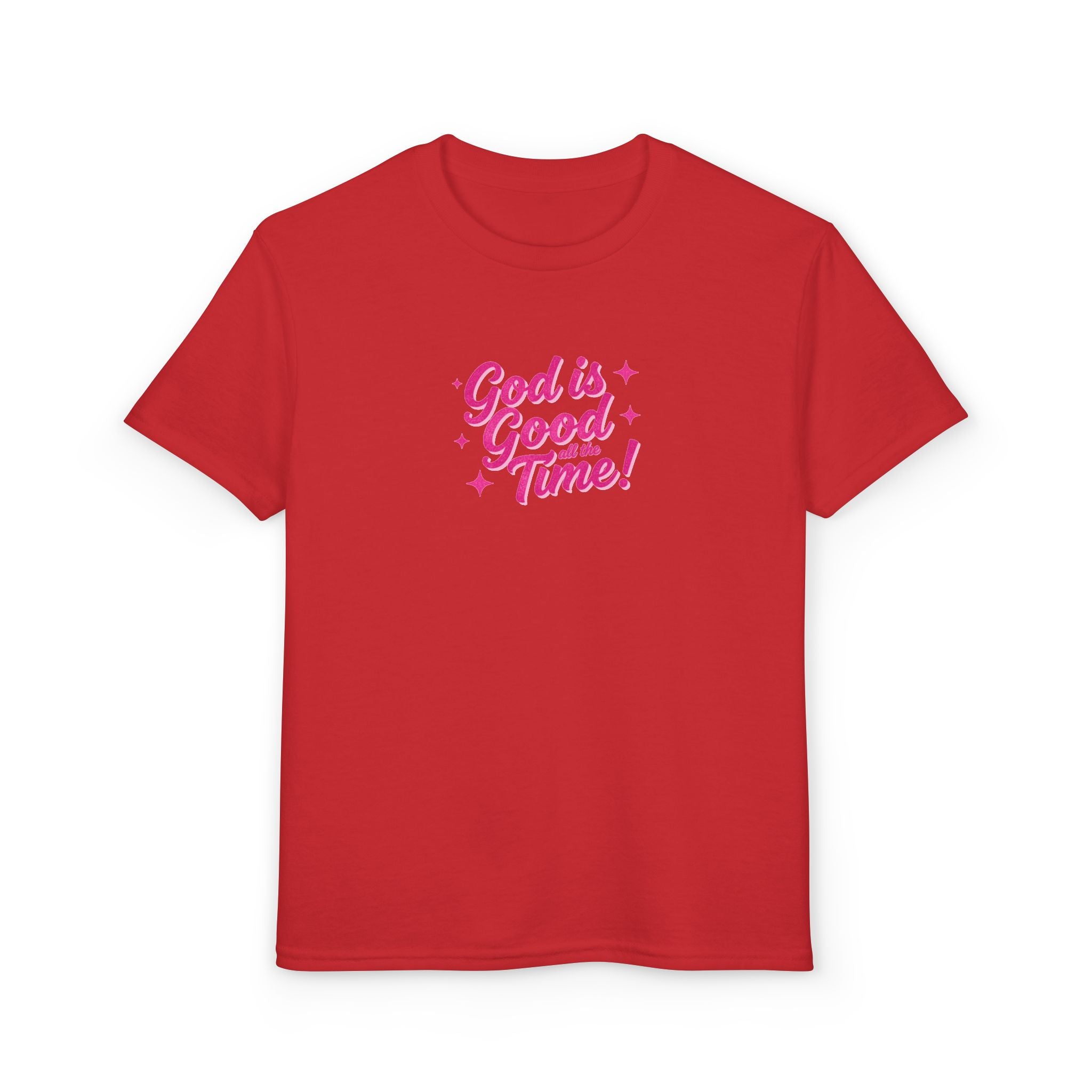 Youth T-Shirt — "God Is Good Time!" Pink Script Faith Tee