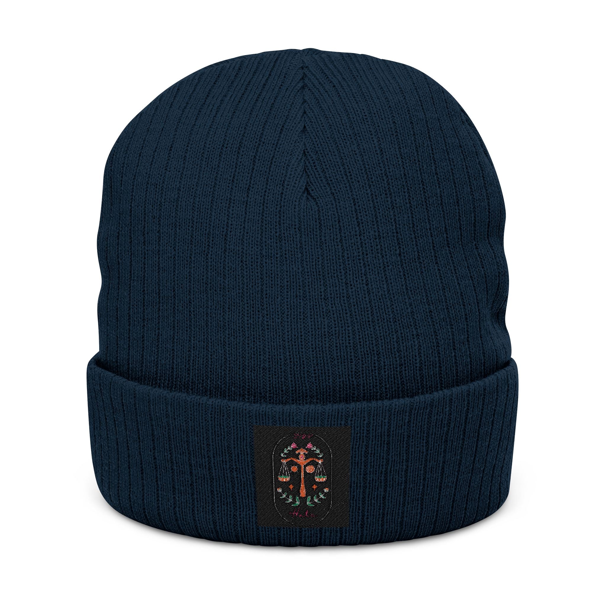 Embroidered Floral Cross Ribbed Knit Beanie - Cozy Gothic Winter Hat