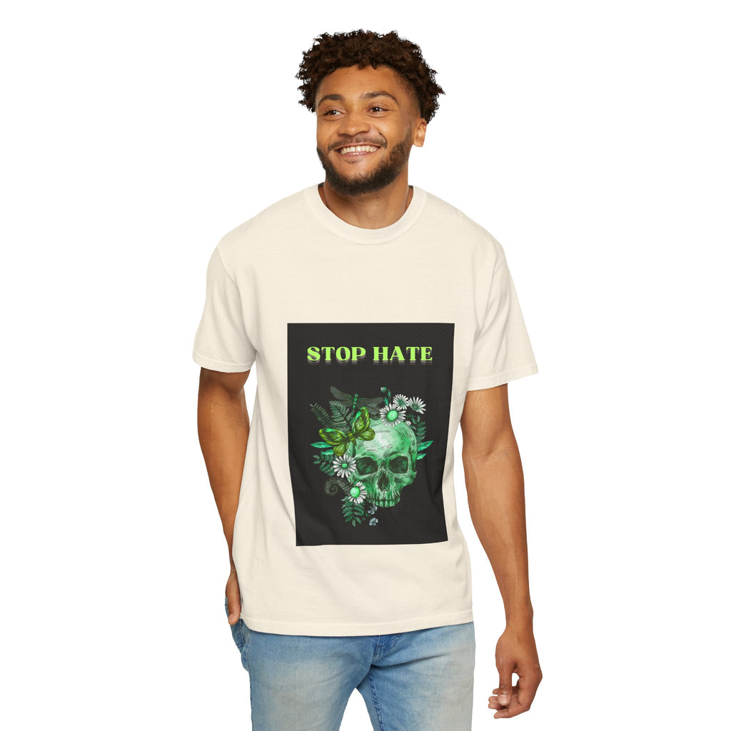 Stop Hate Skull T-Shirt — Green Floral Skull Graphic Tee