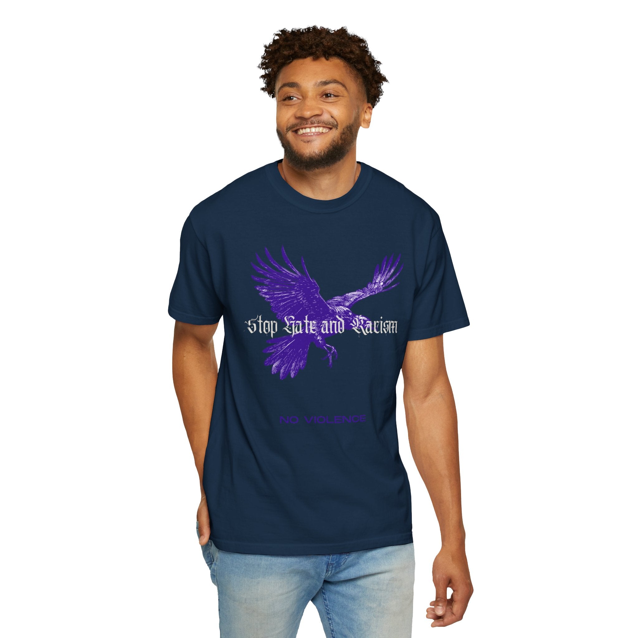 No Violence Raven T-Shirt — Purple Flying Crow Graphic Tee