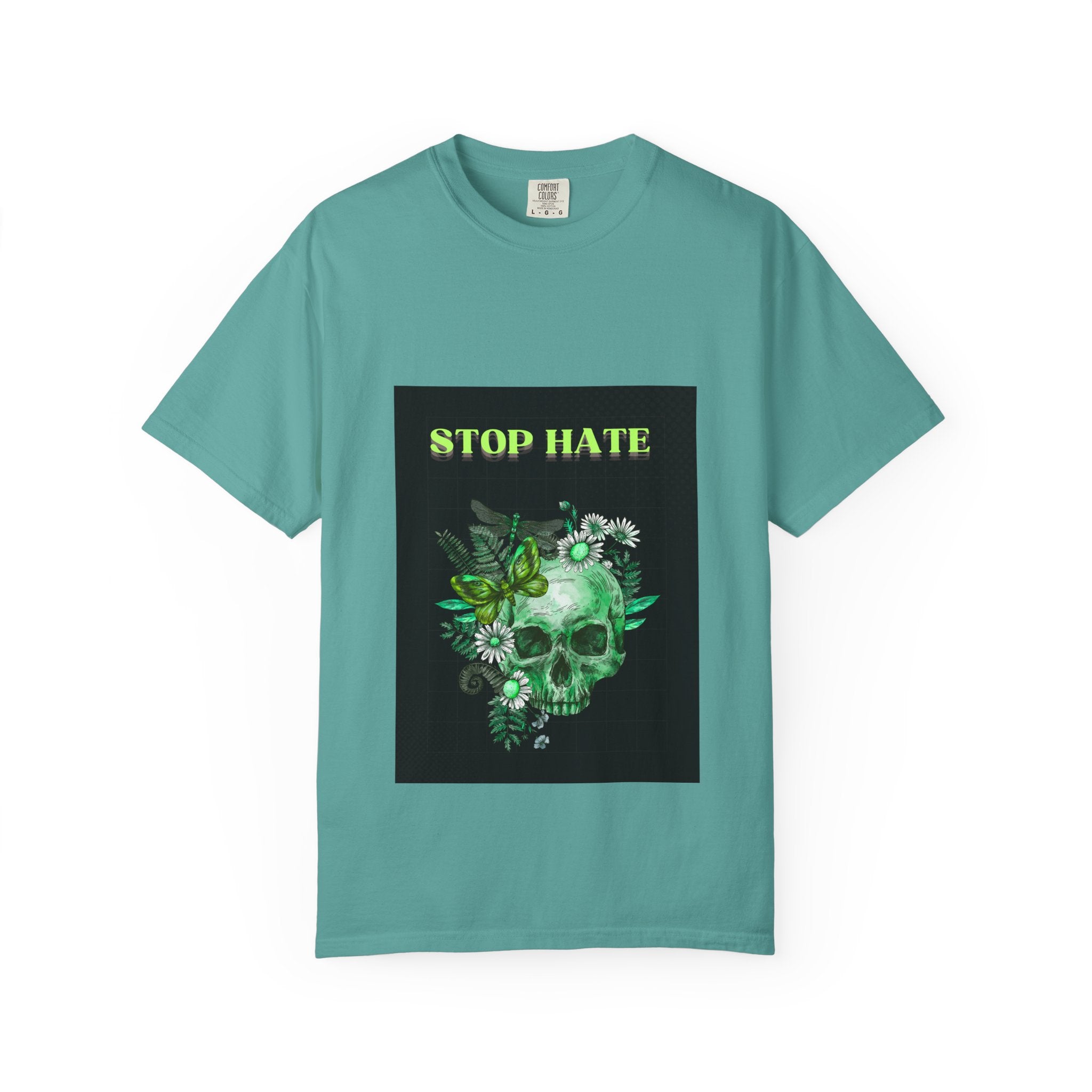 Stop Hate Skull T-Shirt — Green Floral Skull Graphic Tee