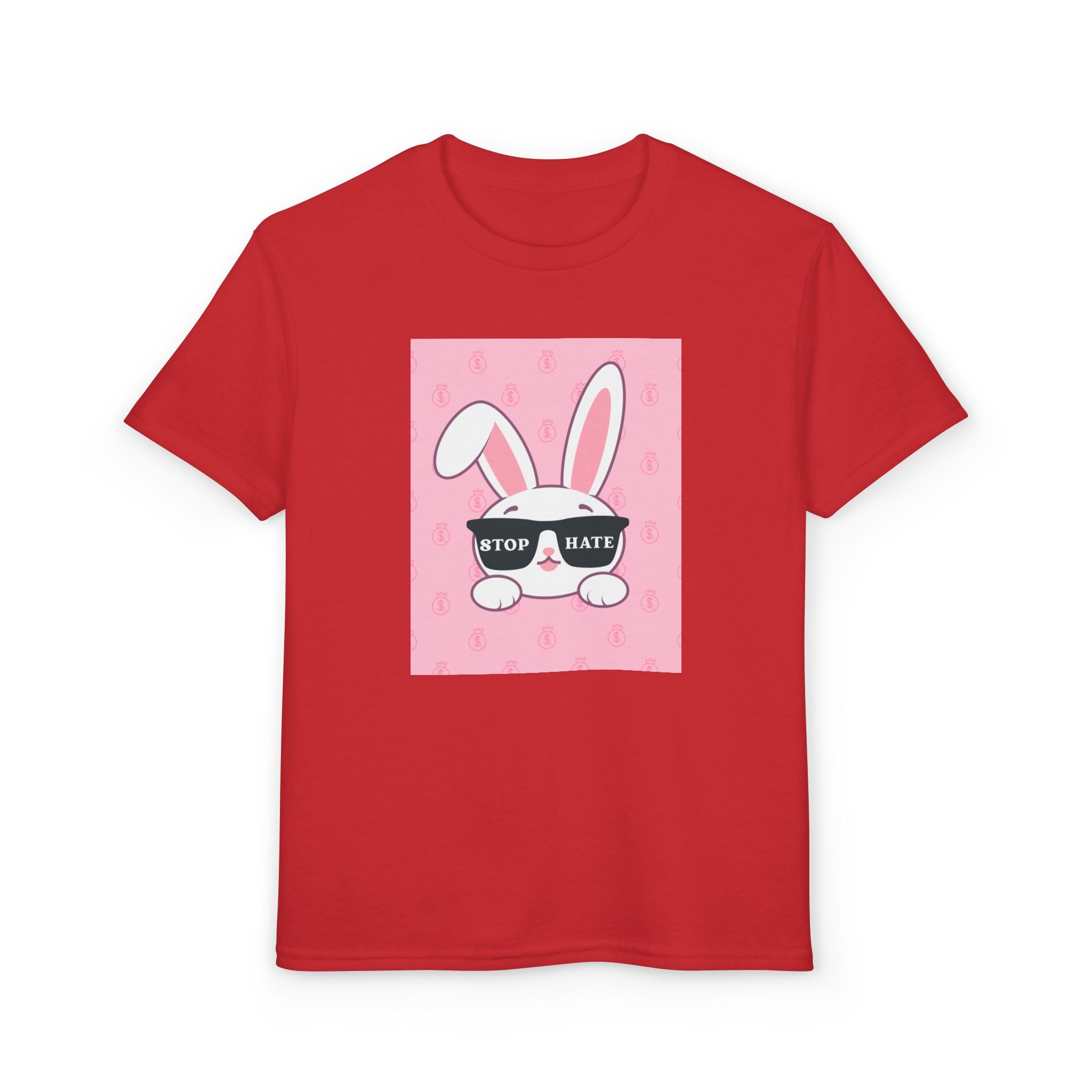 Youth T-Shirt — Pink Bunny Wearing "Stop Hate" Sunglasses Kids Tee
