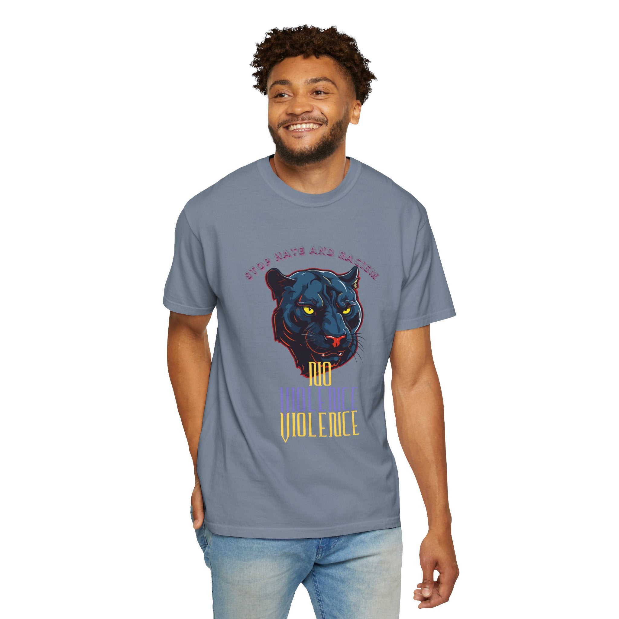 No Violence Panther T-Shirt — Graphic Animal Tee with 'No Violence' Text