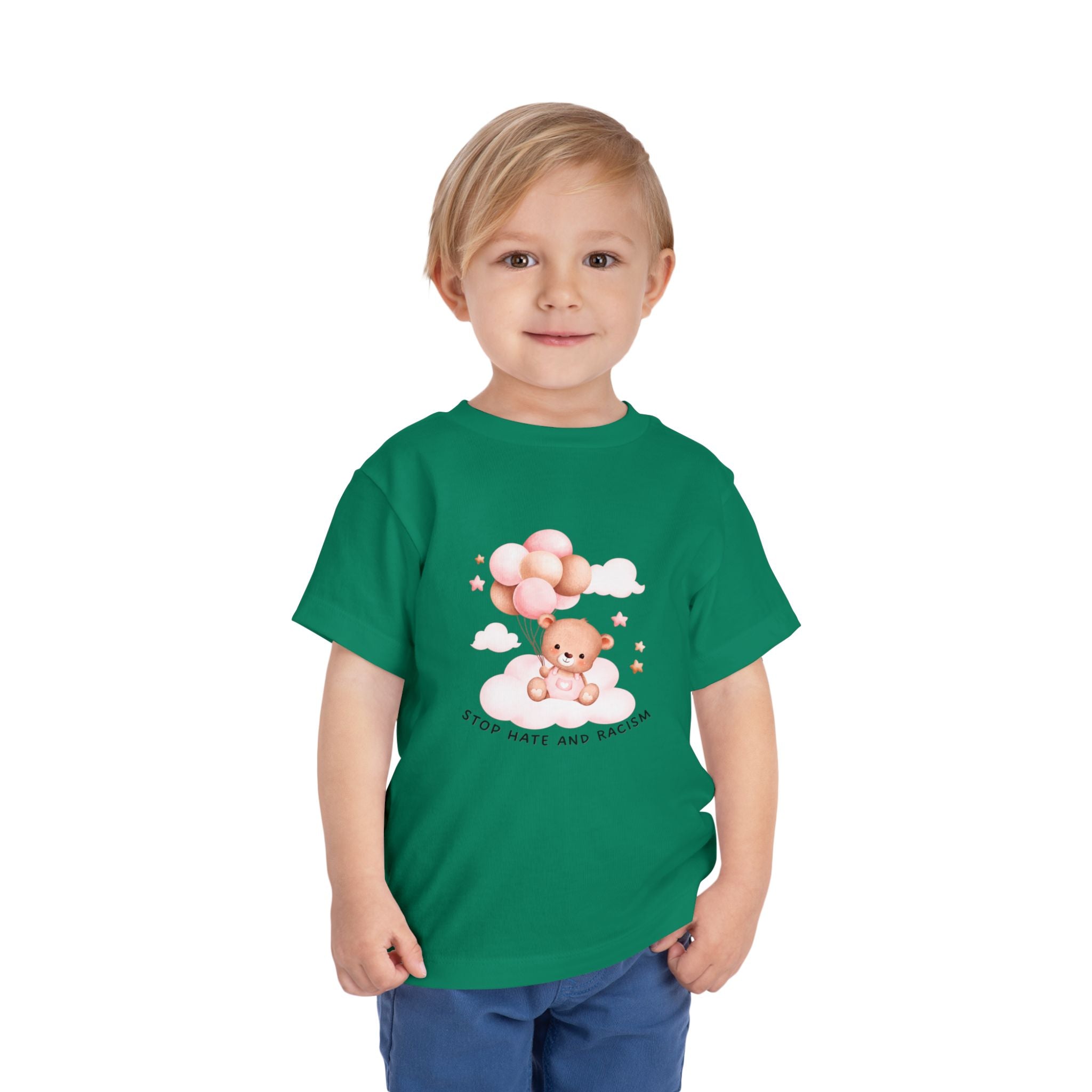 Toddler Tee — Cute Teddy with Balloons “Stop Hate and Racism”