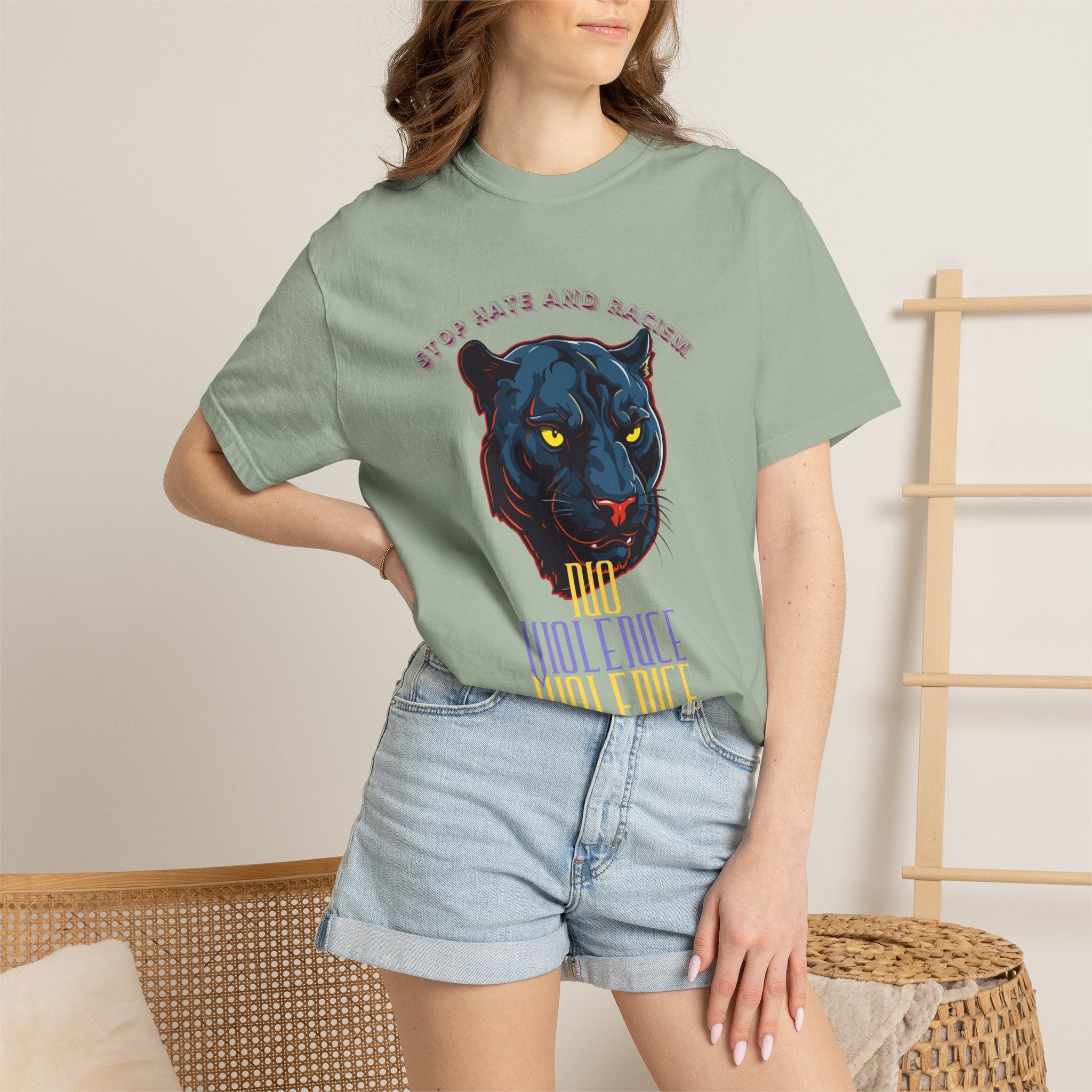 No Violence Panther T-Shirt — Graphic Animal Tee with 'No Violence' Text