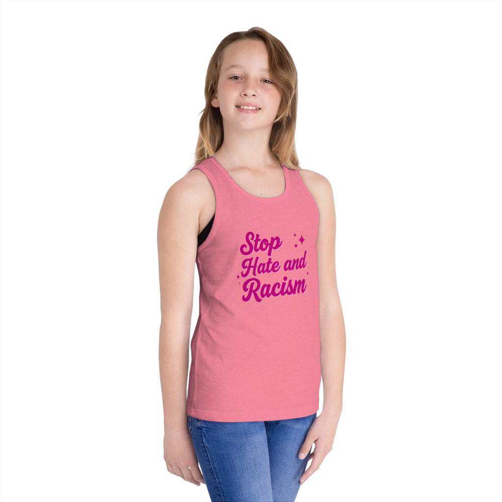Kids Tank Top — "Stop Hate and Racism" Pink Script Kids Jersey Tank