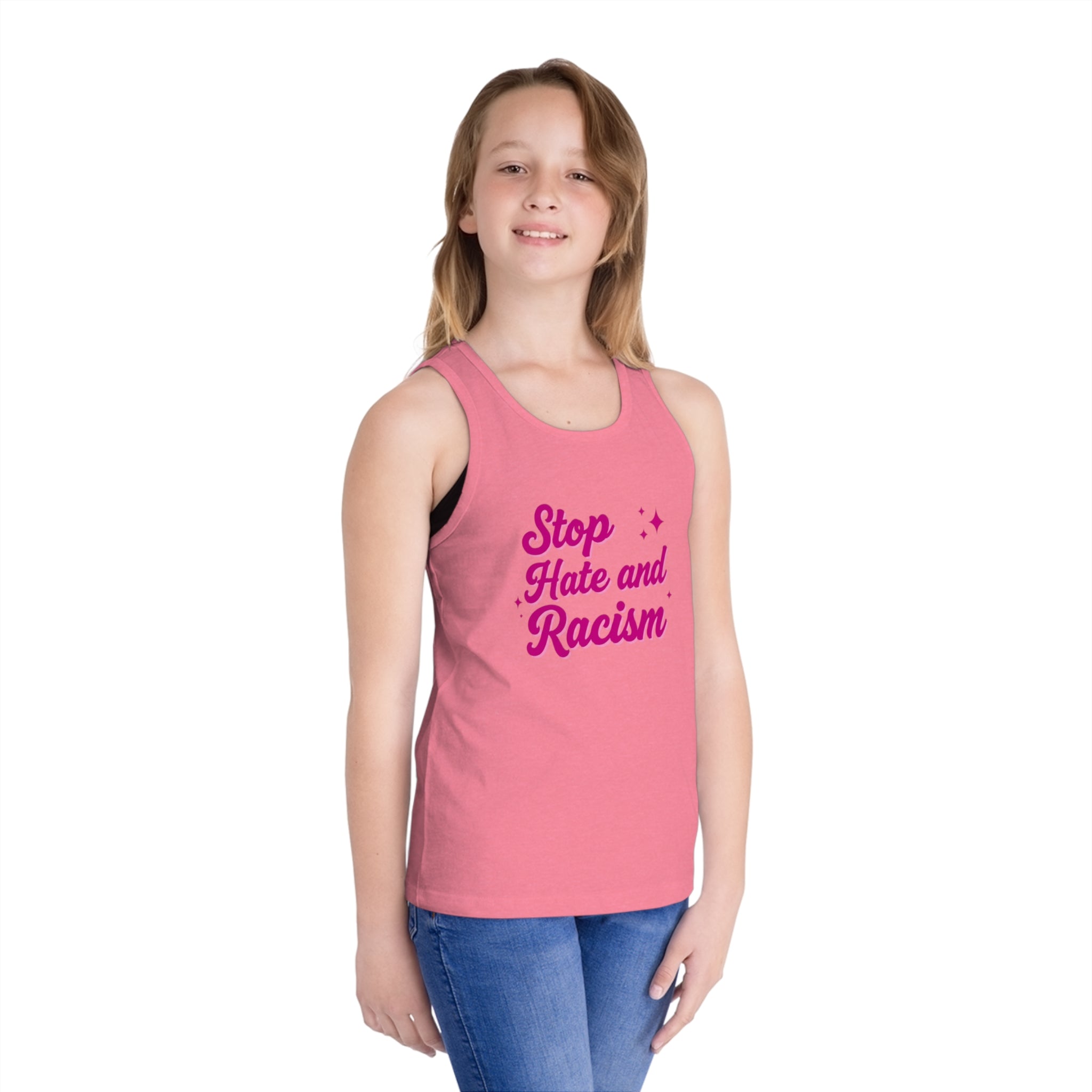Kids Tank Top — "Stop Hate and Racism" Pink Script Kids Jersey Tank