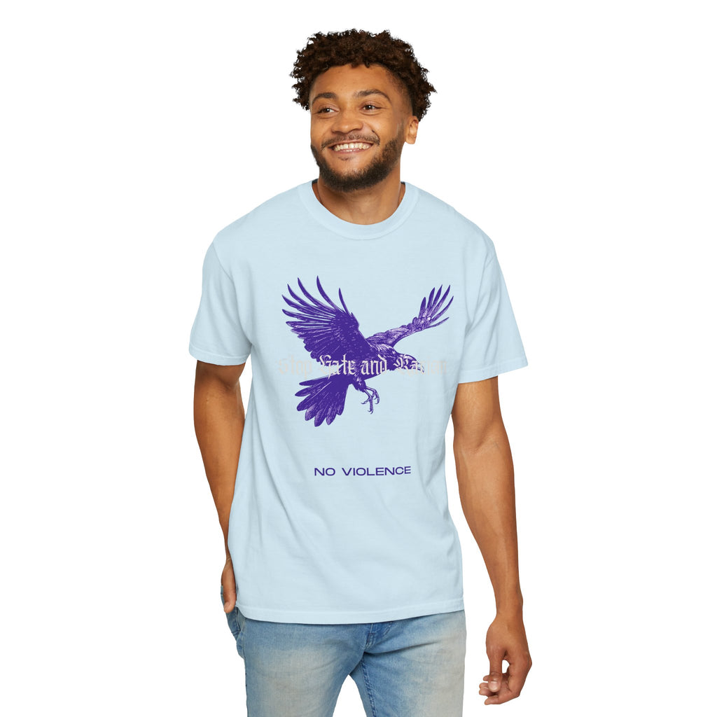 No Violence Raven T-Shirt — Purple Flying Crow Graphic Tee
