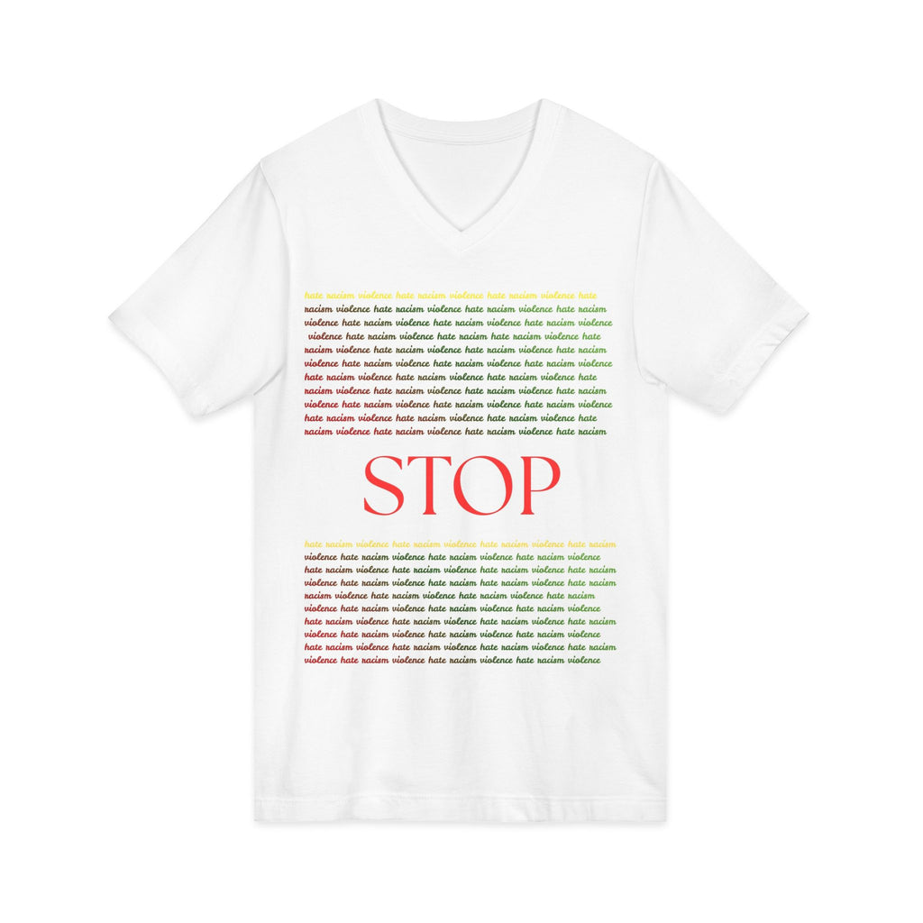 STOP Graphic V-Neck Tee — Bold Typographic Statement Shirt