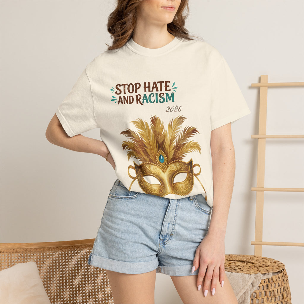 Stop Hate and Racism T-Shirt — Mardi Gras Mask Anti-Racism Tee