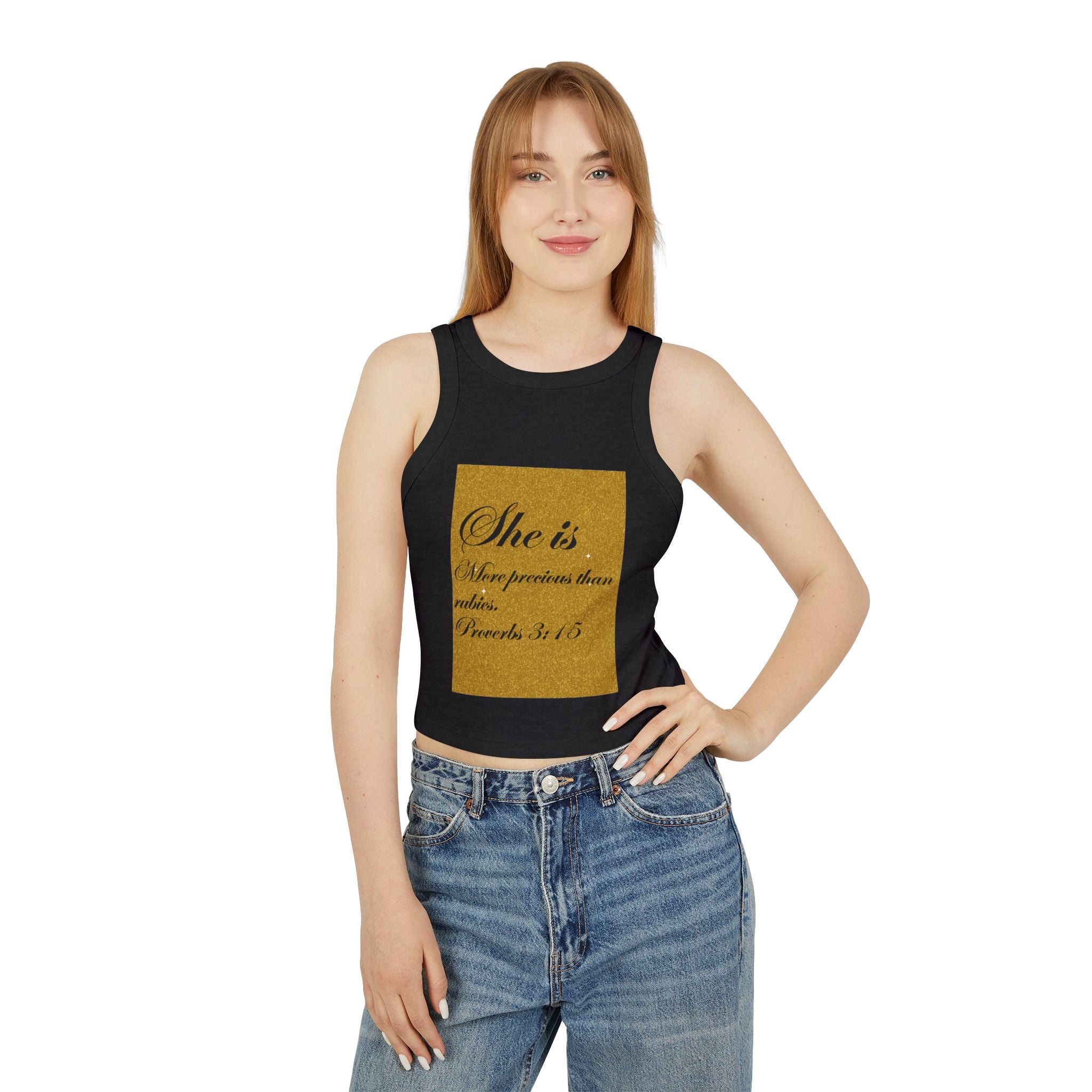 Women's Racer Tank Top — "She is More Precious than Rubies" Proverbs 3:15 Scripture Tank