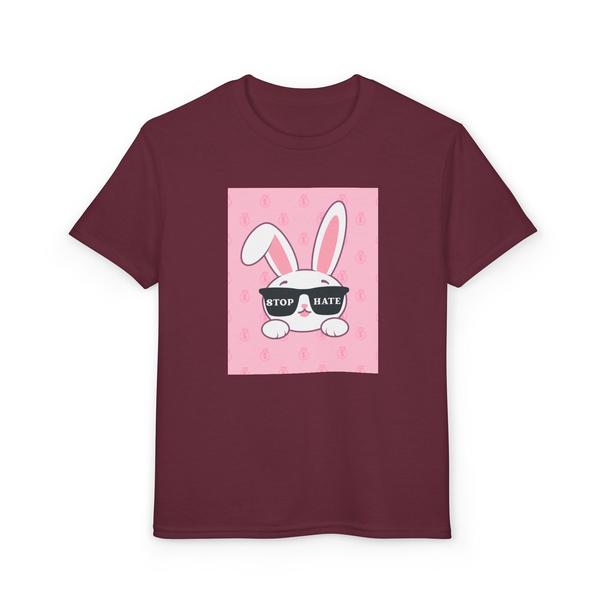 Youth T-Shirt — Pink Bunny Wearing "Stop Hate" Sunglasses Kids Tee