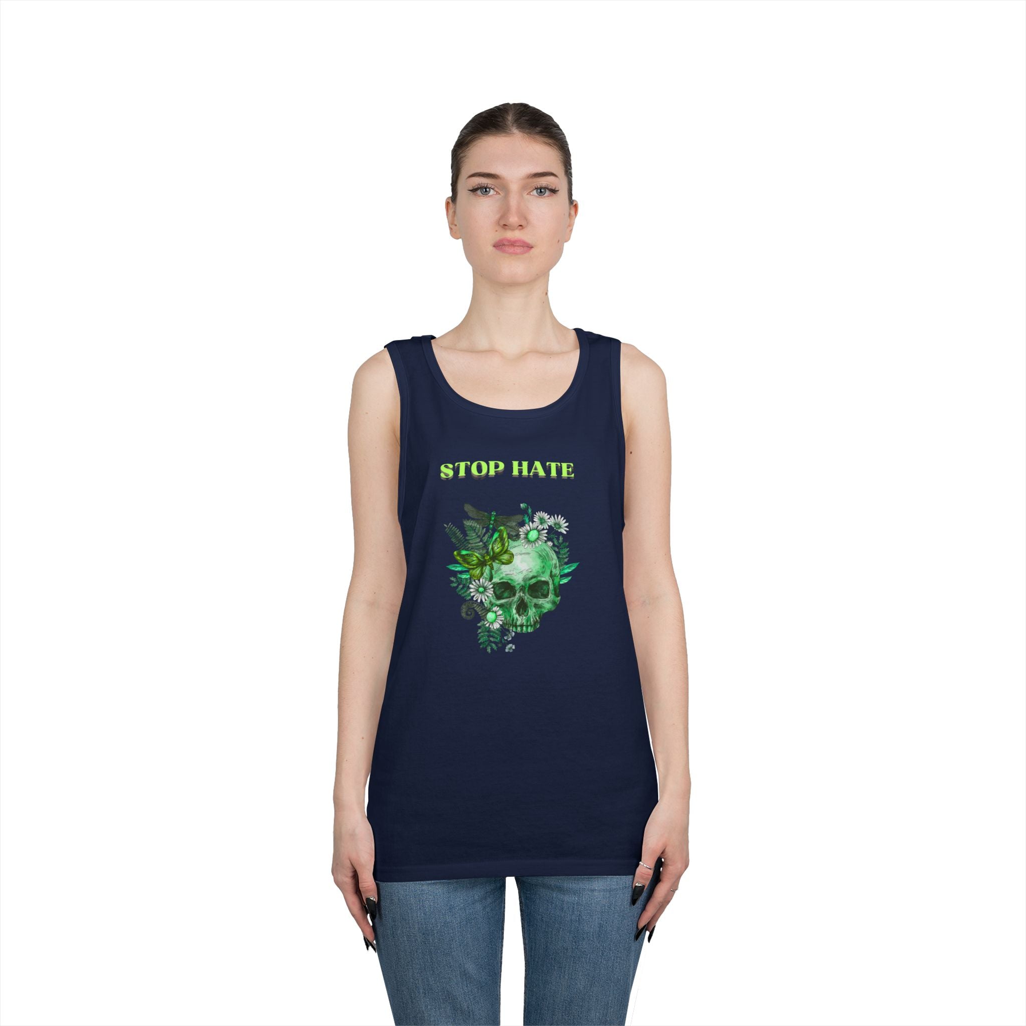 Stop Hate Skull Tank — Green Floral Skull Tank Top