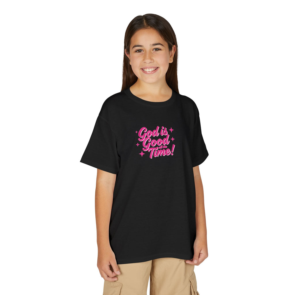 Youth T-Shirt — "God Is Good Time!" Pink Script Faith Tee