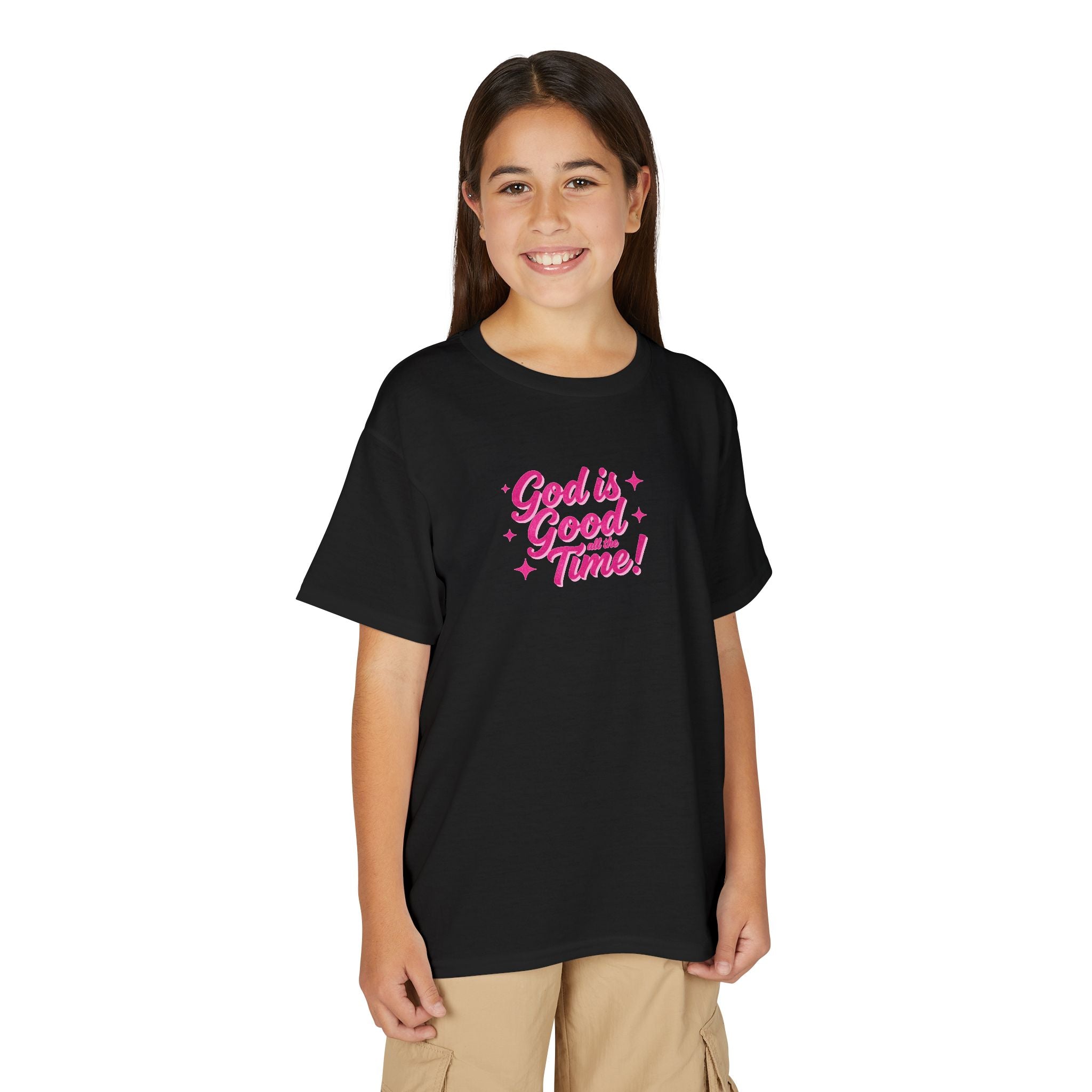 Youth T-Shirt — "God Is Good Time!" Pink Script Faith Tee