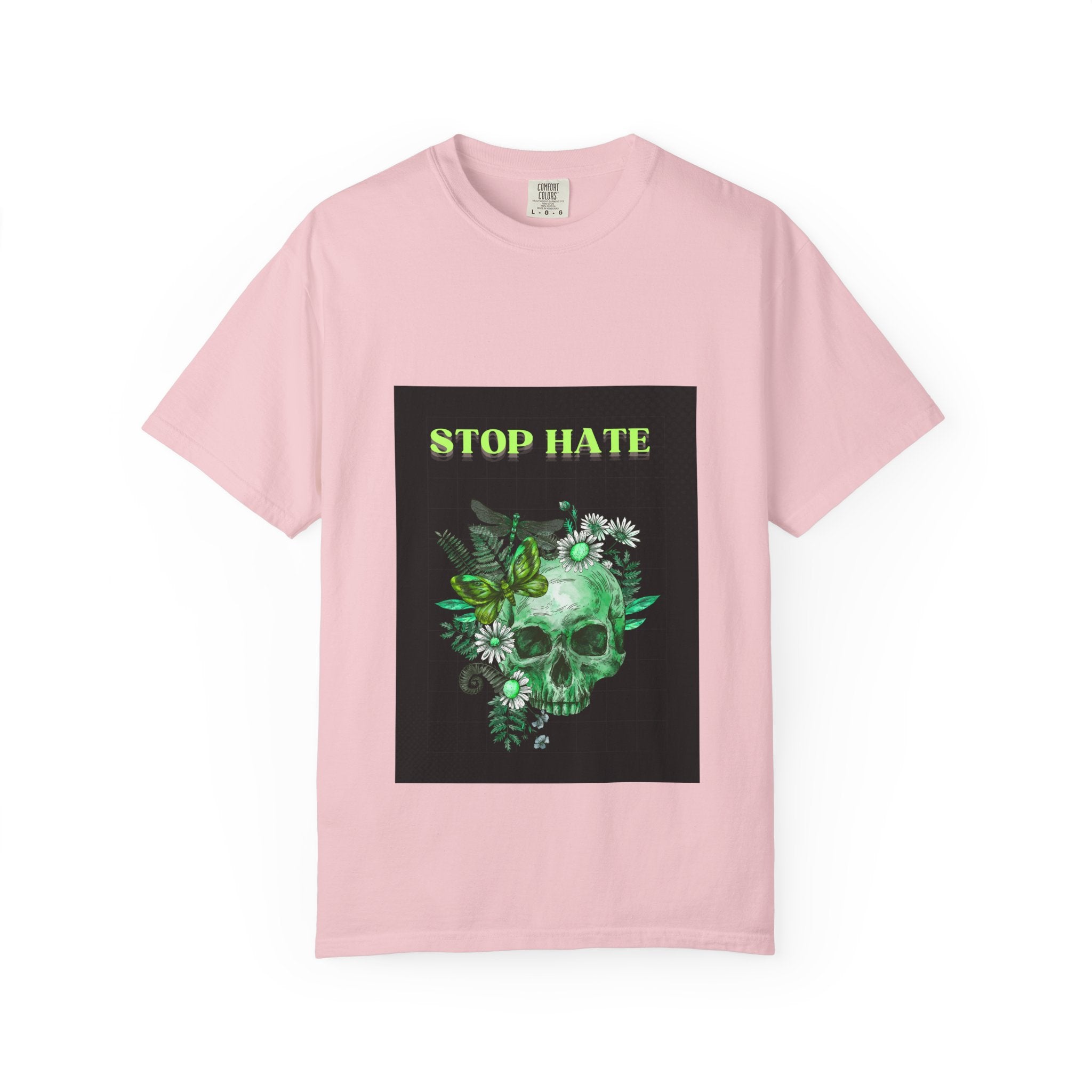 Stop Hate Skull T-Shirt — Green Floral Skull Graphic Tee