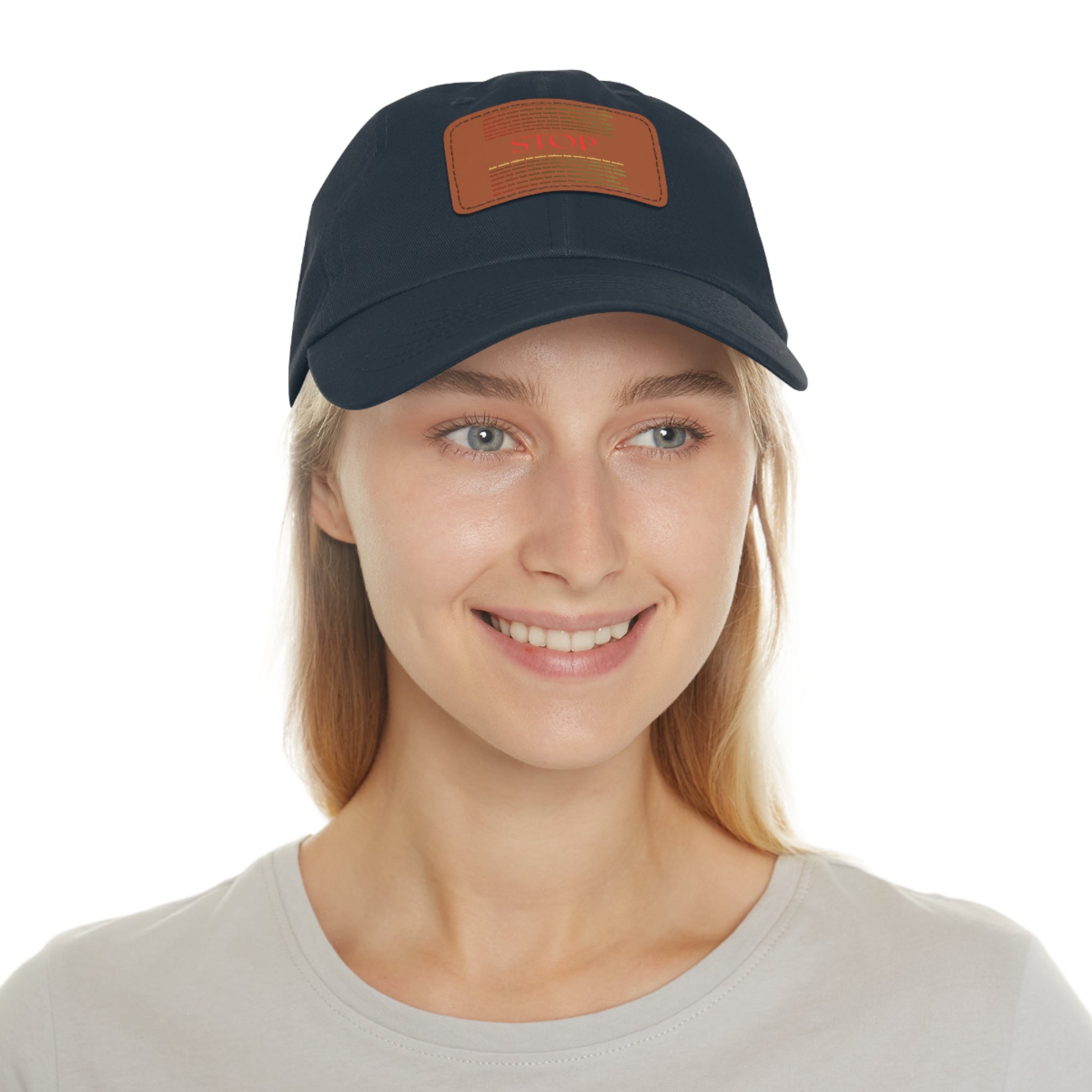 Leather Patch Dad Hat — 'STOP' Embossed Casual Baseball Cap