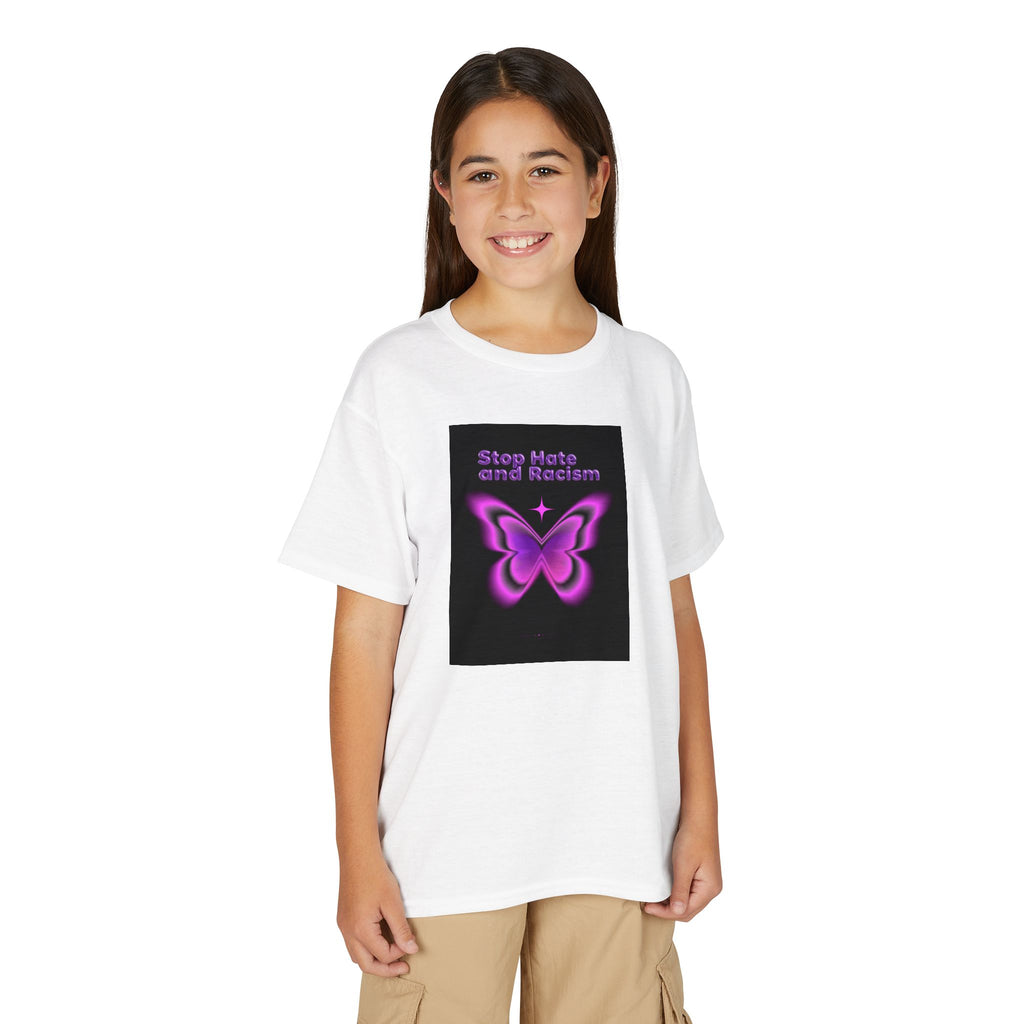 Youth T-Shirt — "Stop Hate and Racism" Pink Butterfly Anti-Racism Tee