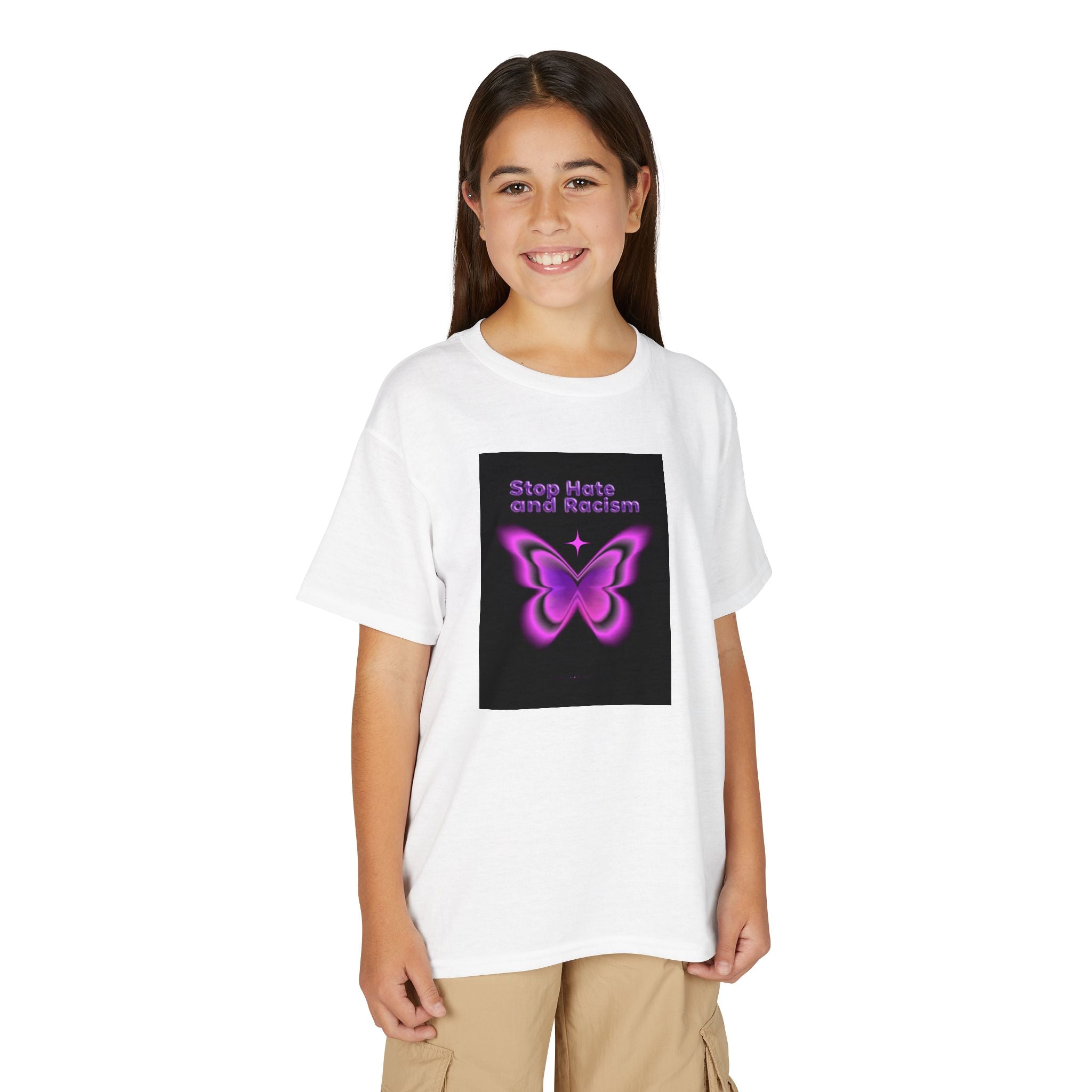Youth T-Shirt — "Stop Hate and Racism" Pink Butterfly Anti-Racism Tee