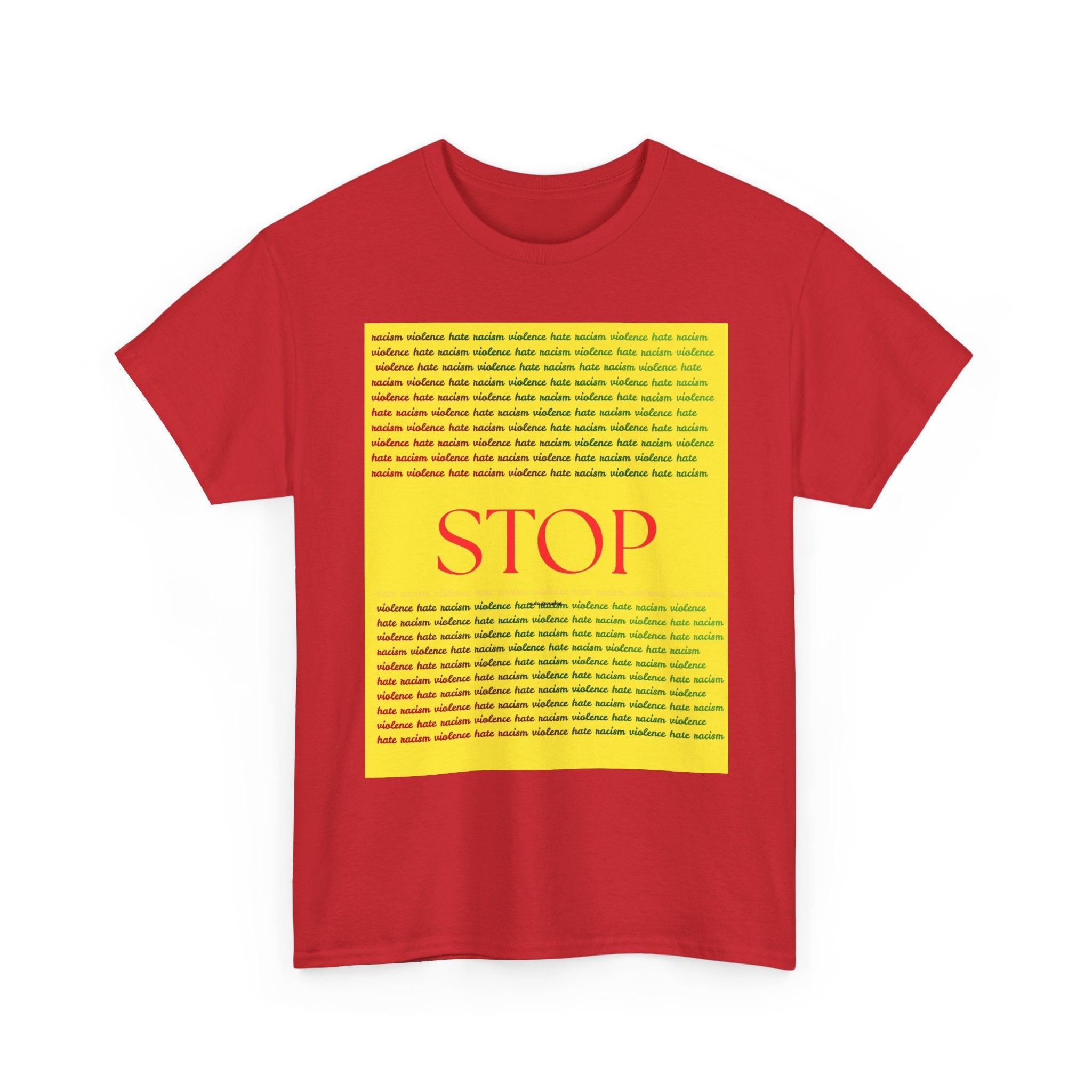 STOP Graphic Tee — Bold Yellow Text Block Protest T-Shirt