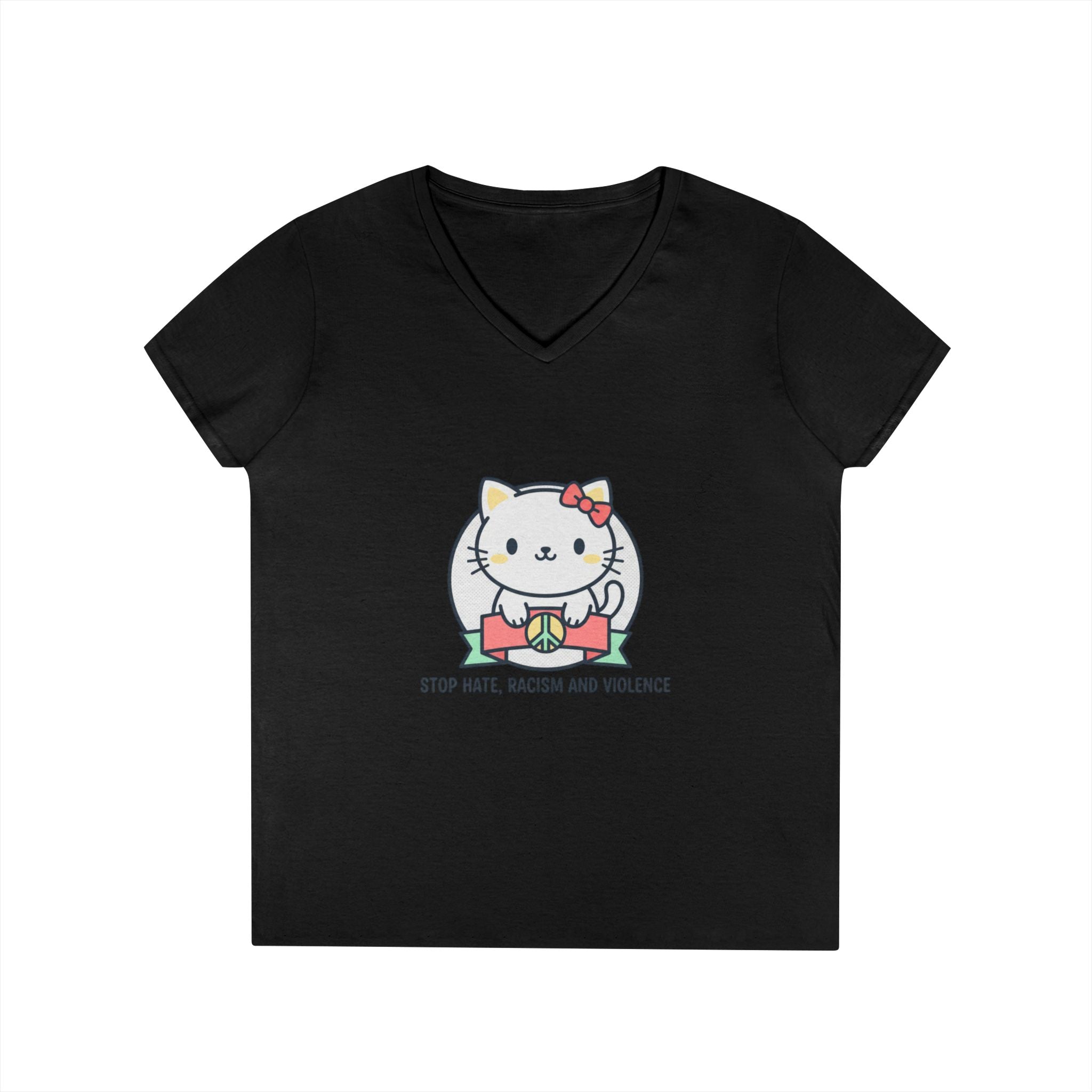 Stop Hate Kitty V-Neck Tee — Cute Anti-Racism Message Shirt