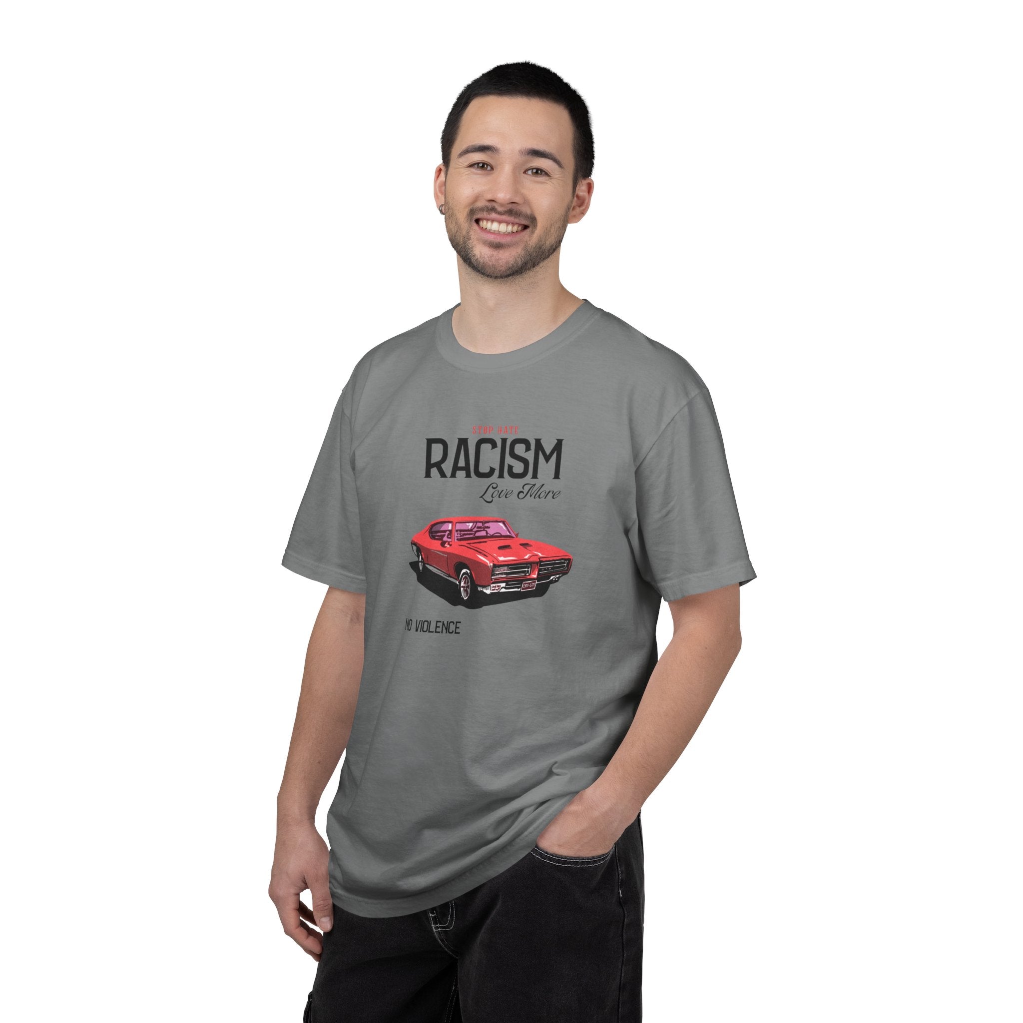 Anti-Racism Graphic T-Shirt — “Stop Hate, Racism, Love More” with Vintage Red Muscle Car
