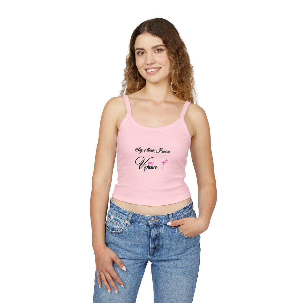 Women's Spaghetti Tank Top — "My Mom Knows Vibe" Pink Accent Crop