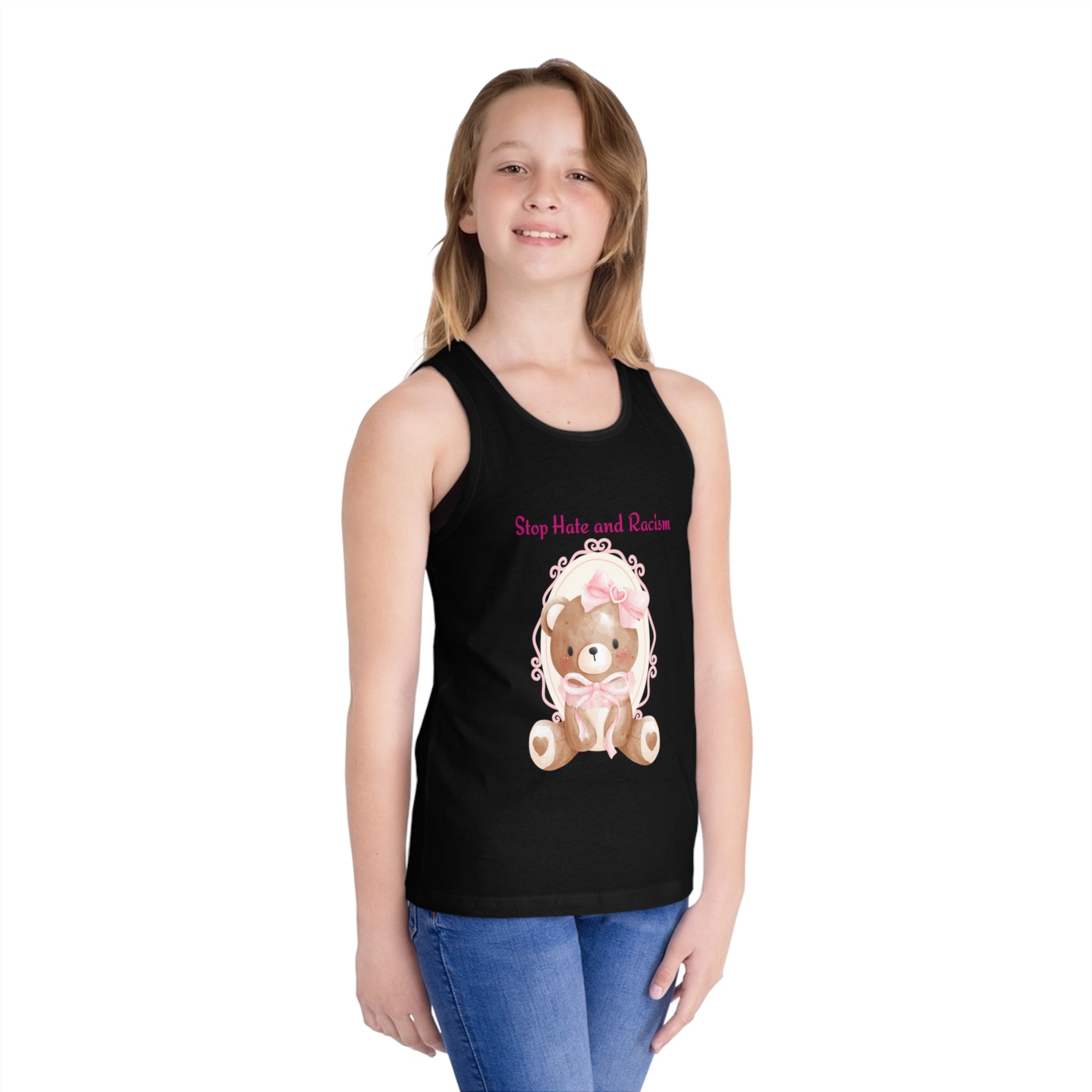 Kids Tank Top — "Stop Hate and Racism" Teddy Bear Graphic