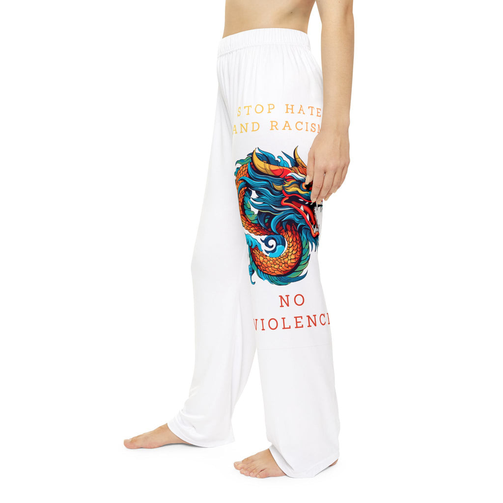 Dragon Print Pajama Pants - "Stop Hate and Racism, No Violence" Loungewear