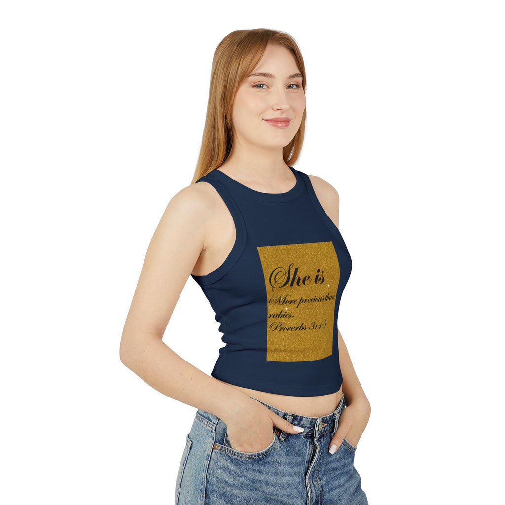 Women's Racer Tank Top — "She is More Precious than Rubies" Proverbs 3:15 Scripture Tank