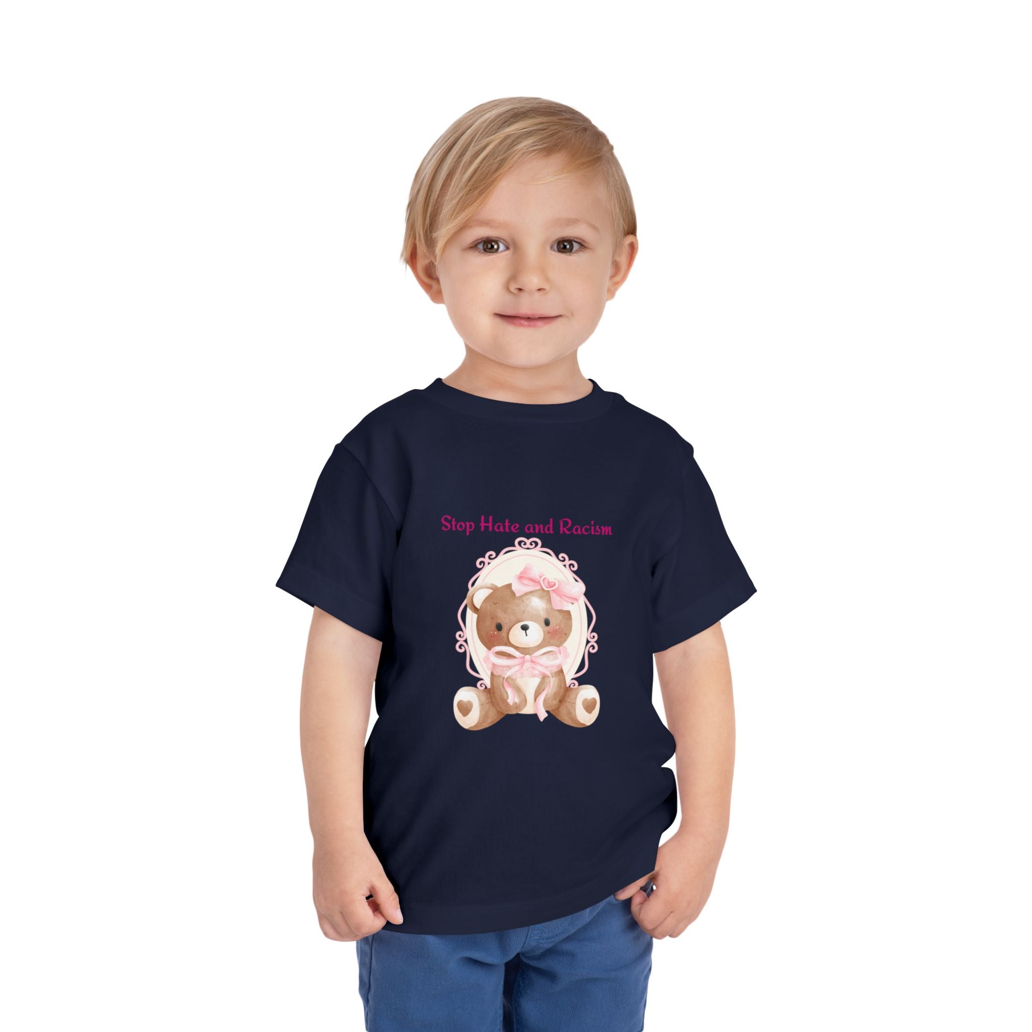 Toddler Tee – Pink Teddy "Stop Hate and Racism" Anti-Racism Kids Shirt