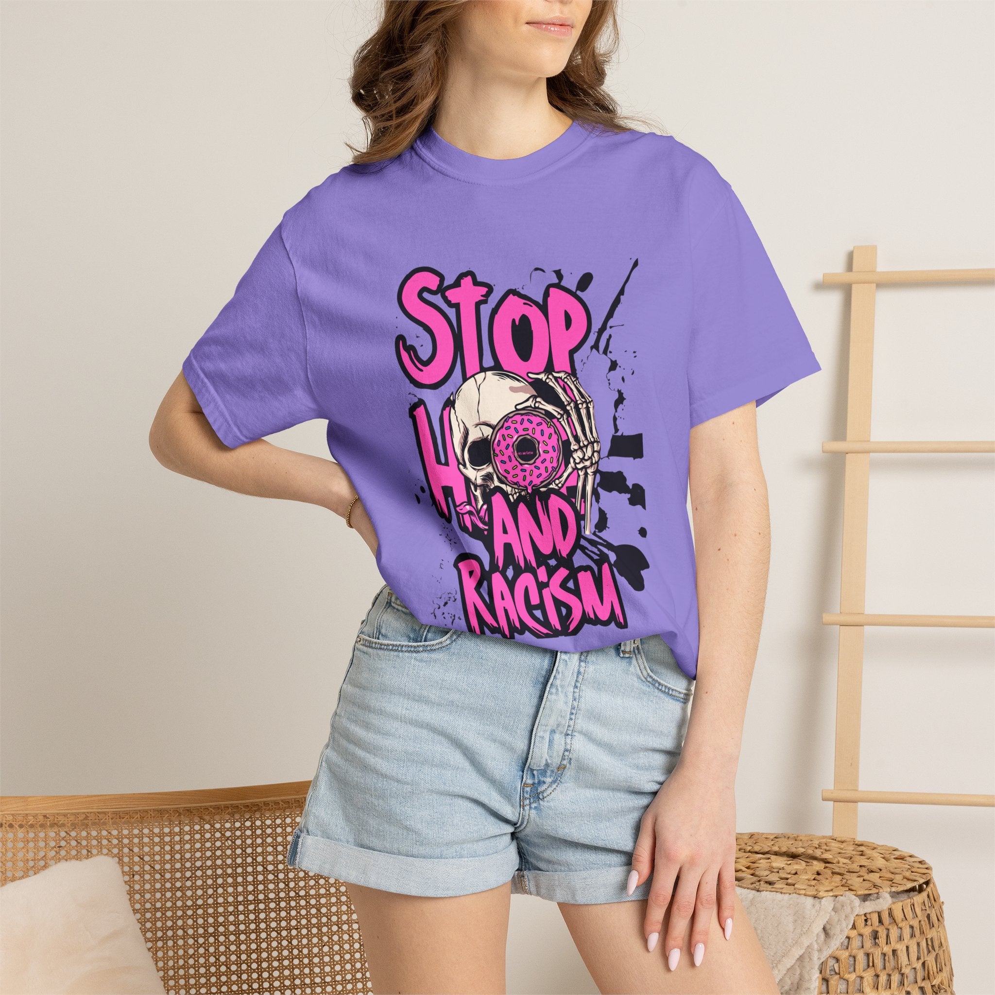 Stop H8 and Racism Graphic Tee — Anti-Racism Skull Donut Protest T-Shirt
