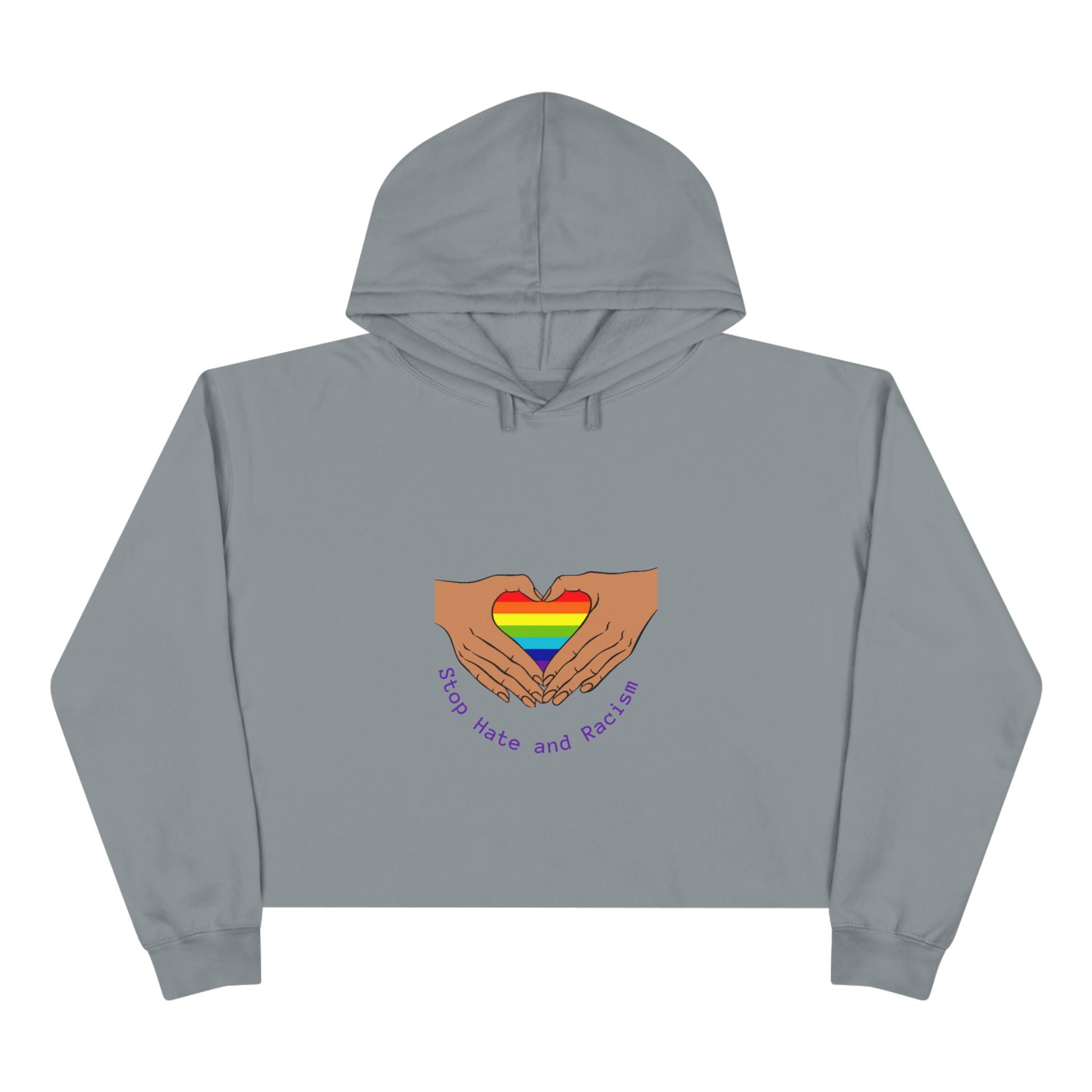 Cropped Hoodie — Rainbow Heart Hands "Stop Hate and Resist" LGBTQ+ Pride