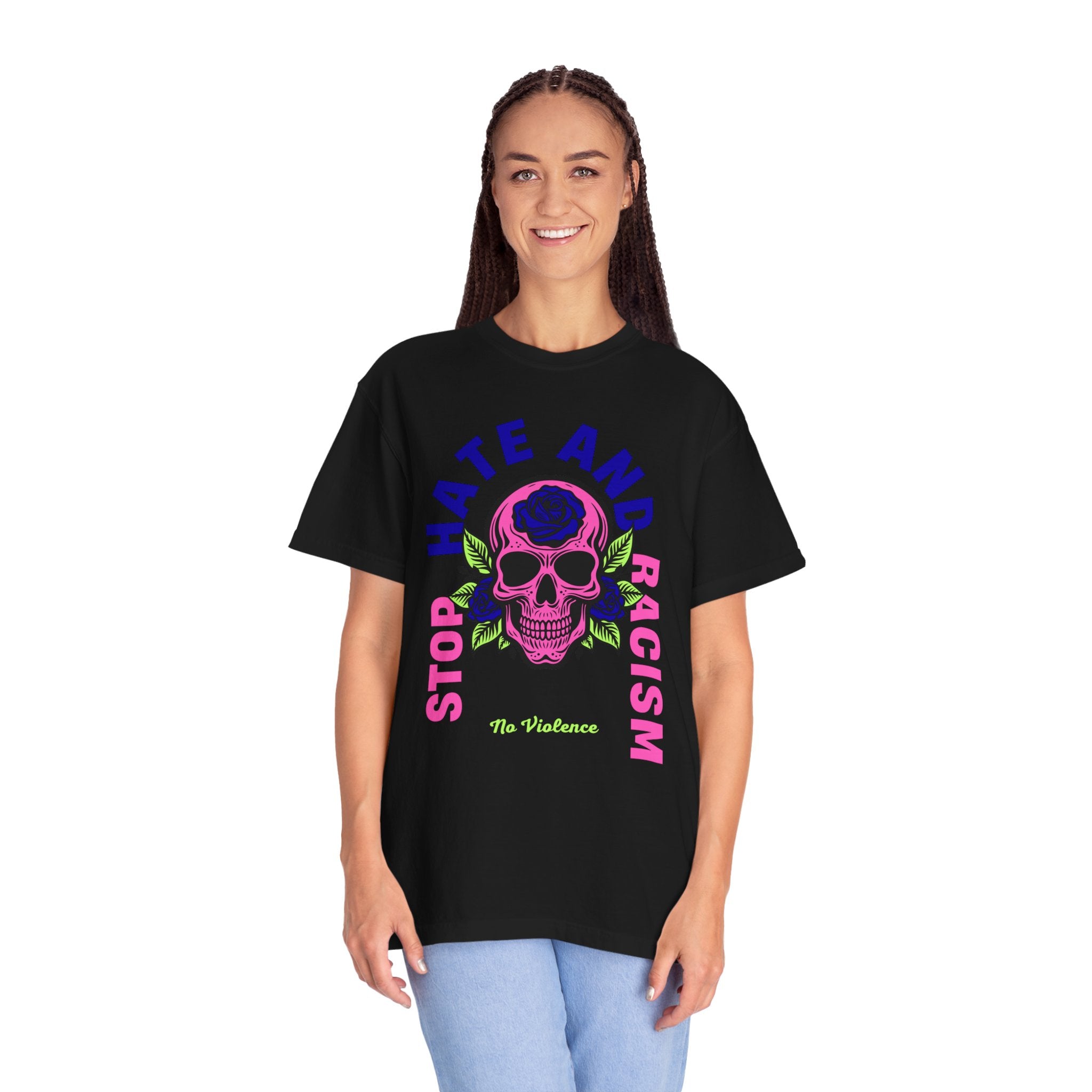Stop Hate and Racism Skull T-Shirt — Anti-Racism Statement Tee