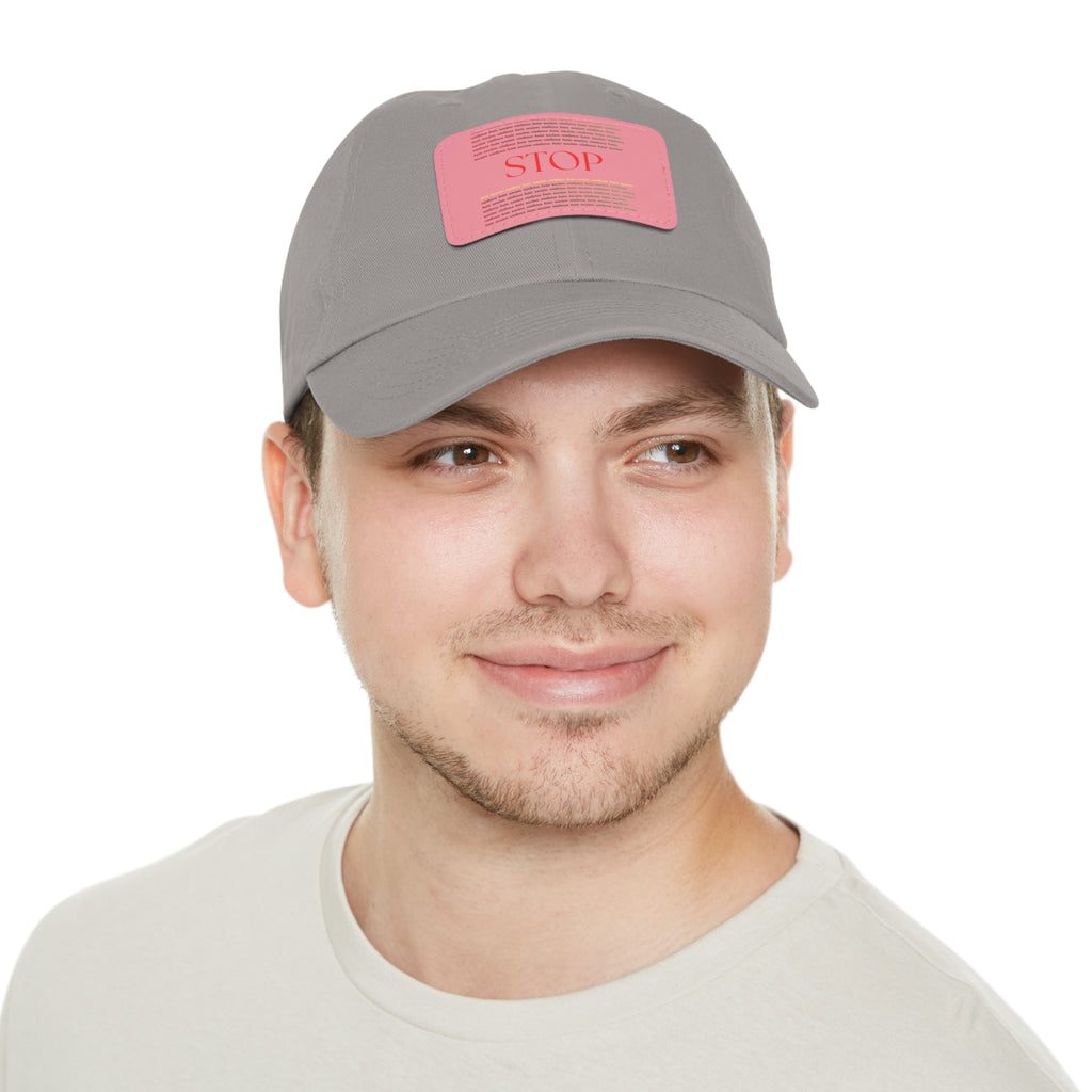 Leather Patch Dad Hat — 'STOP' Embossed Casual Baseball Cap