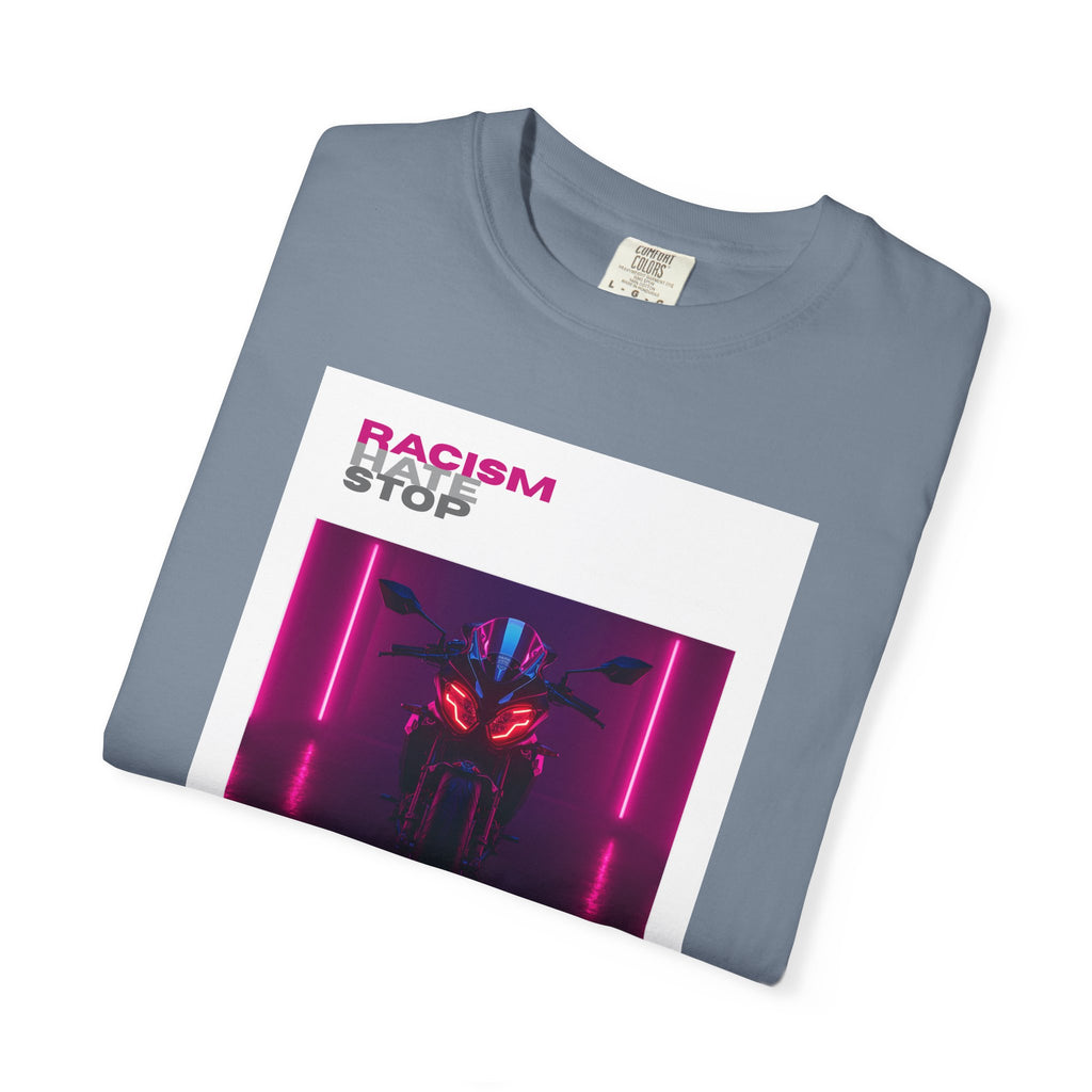 Anti-Racism Graphic T-Shirt — “Racism Stop” Neon Robot Design
