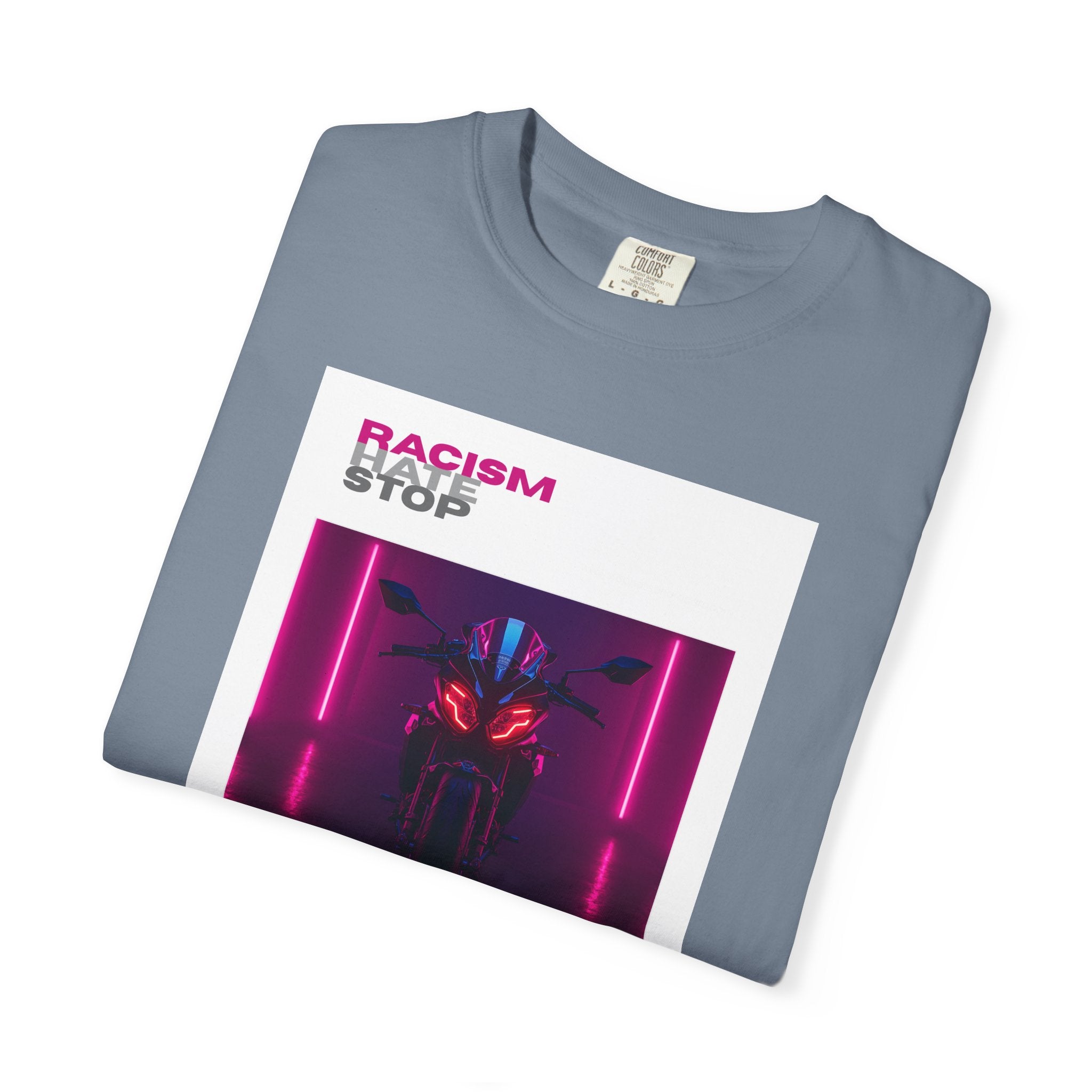Anti-Racism Graphic T-Shirt — “Racism Stop” Neon Robot Design