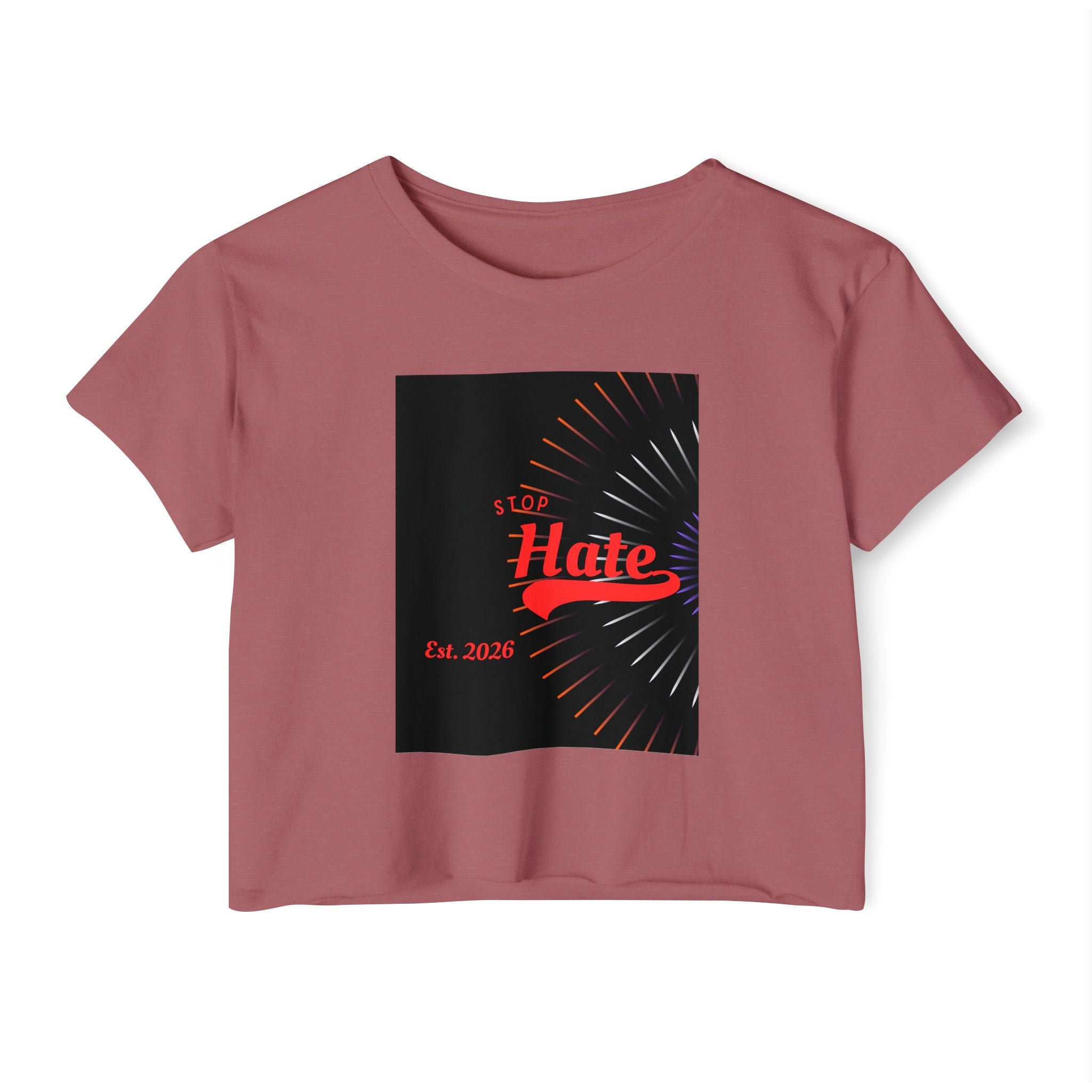Crop Top — 'Stop Hate' Festival Crop Top, Retro Red Script Graphic