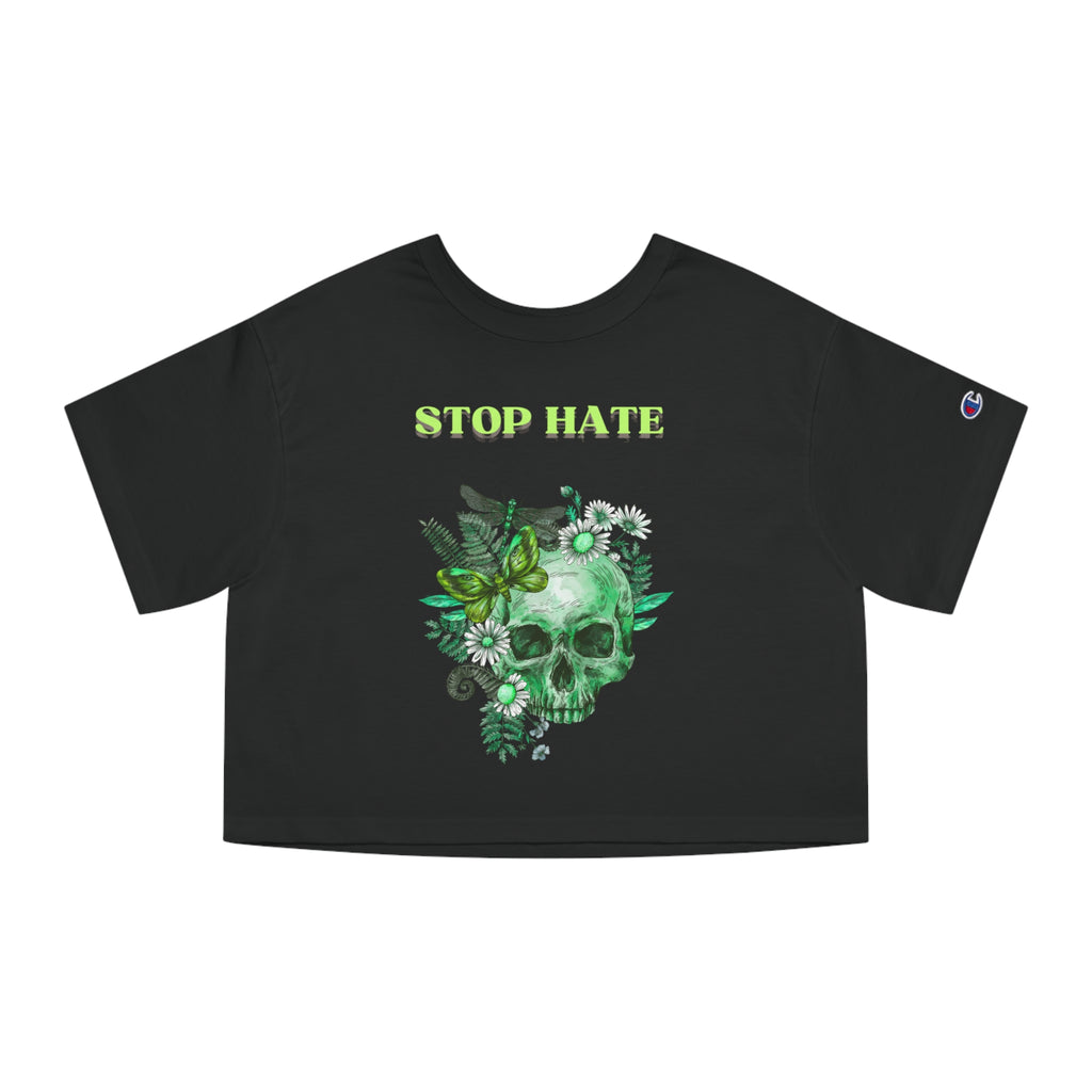 Stop Hate Skull Crop Tee — Women's Green Floral Peace Graphic
