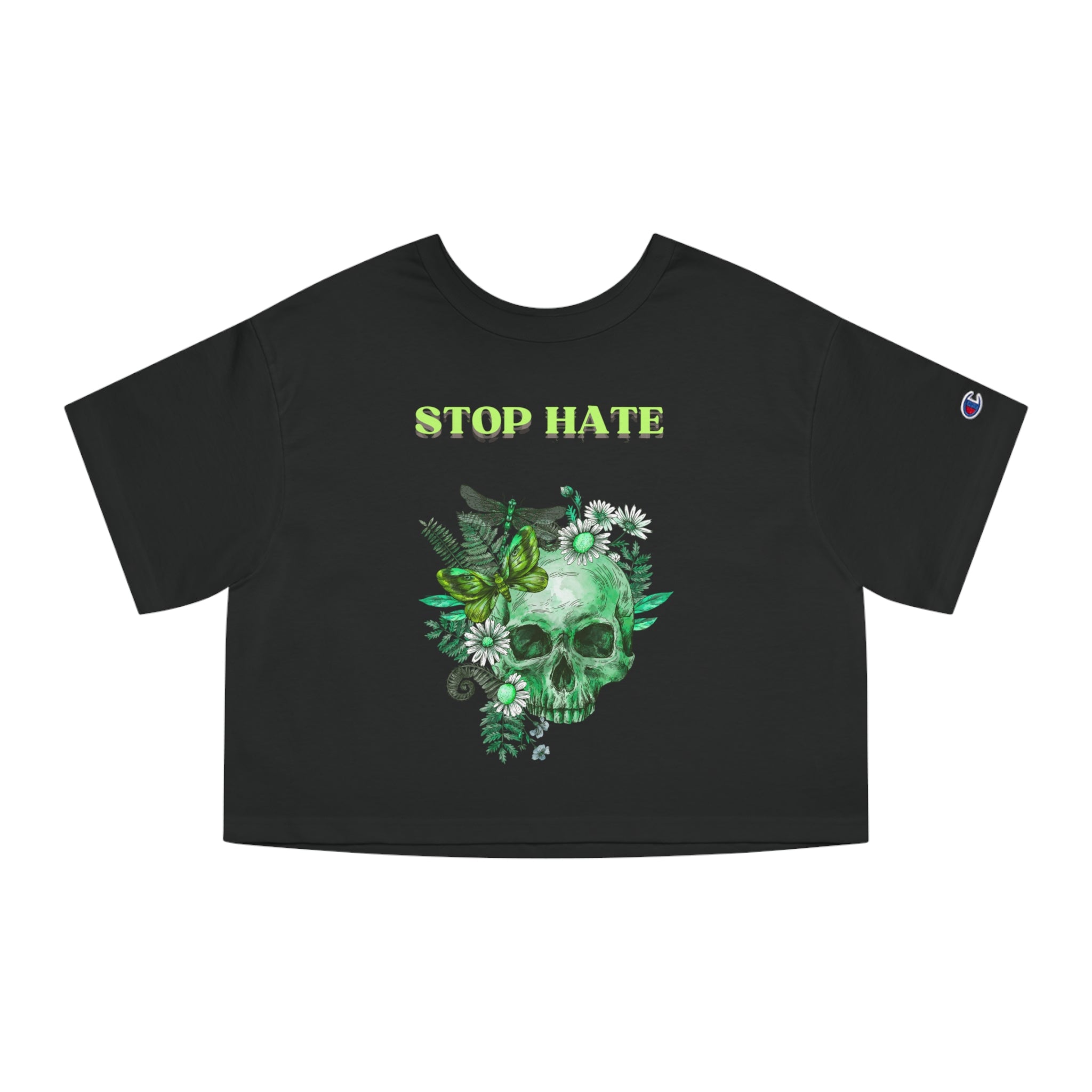 Stop Hate Skull Crop Tee — Women's Green Floral Peace Graphic